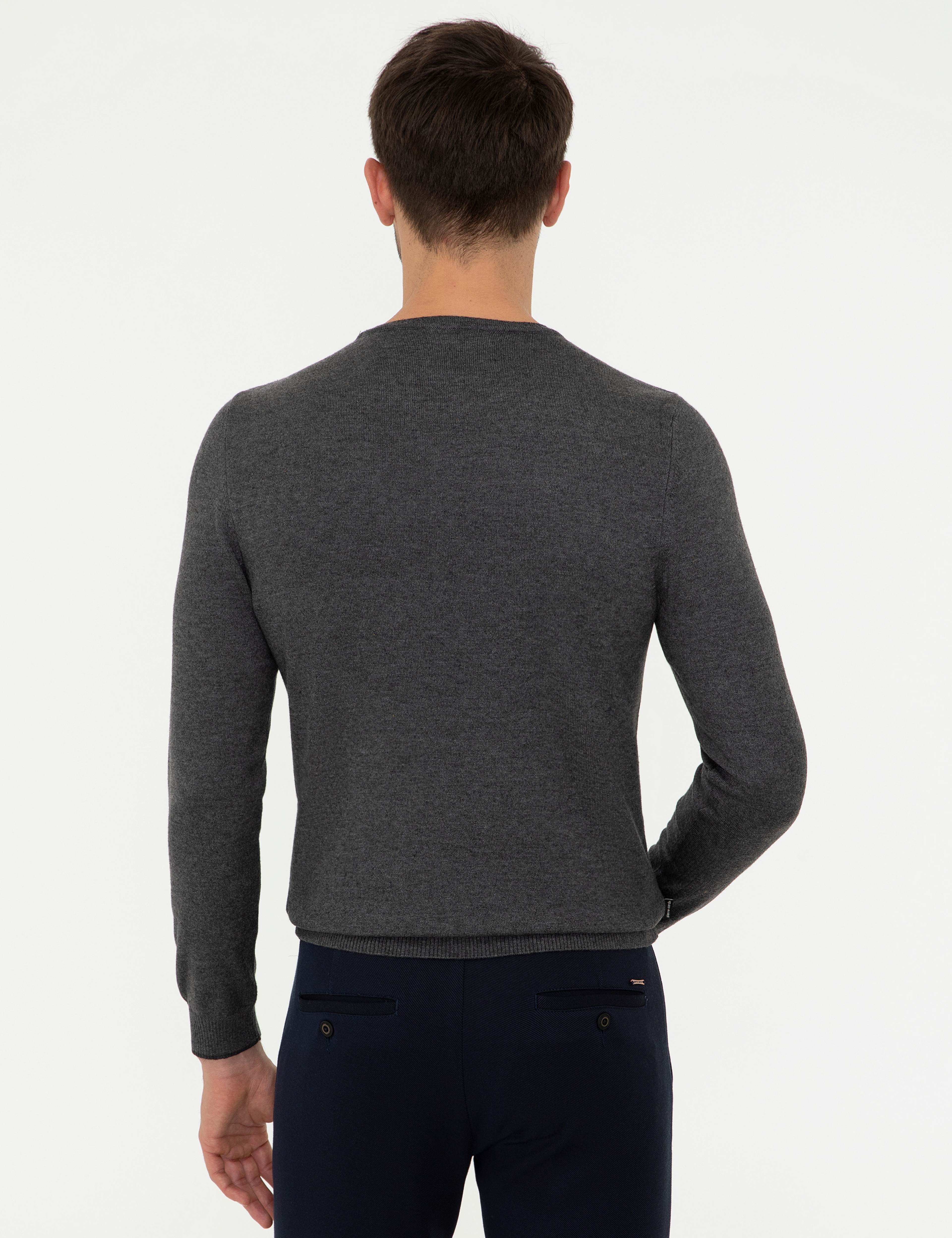 Gri Melanj Slim Fit Bisiklet Yaka Basic Triko Kazak - Image 4