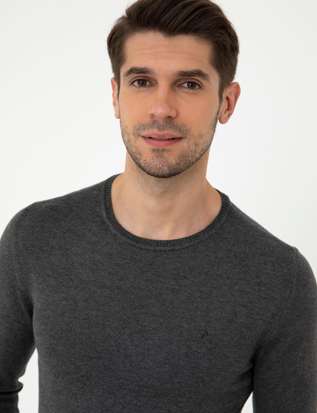 Gri Melanj Slim Fit Bisiklet Yaka Basic Triko Kazak - 50248582026