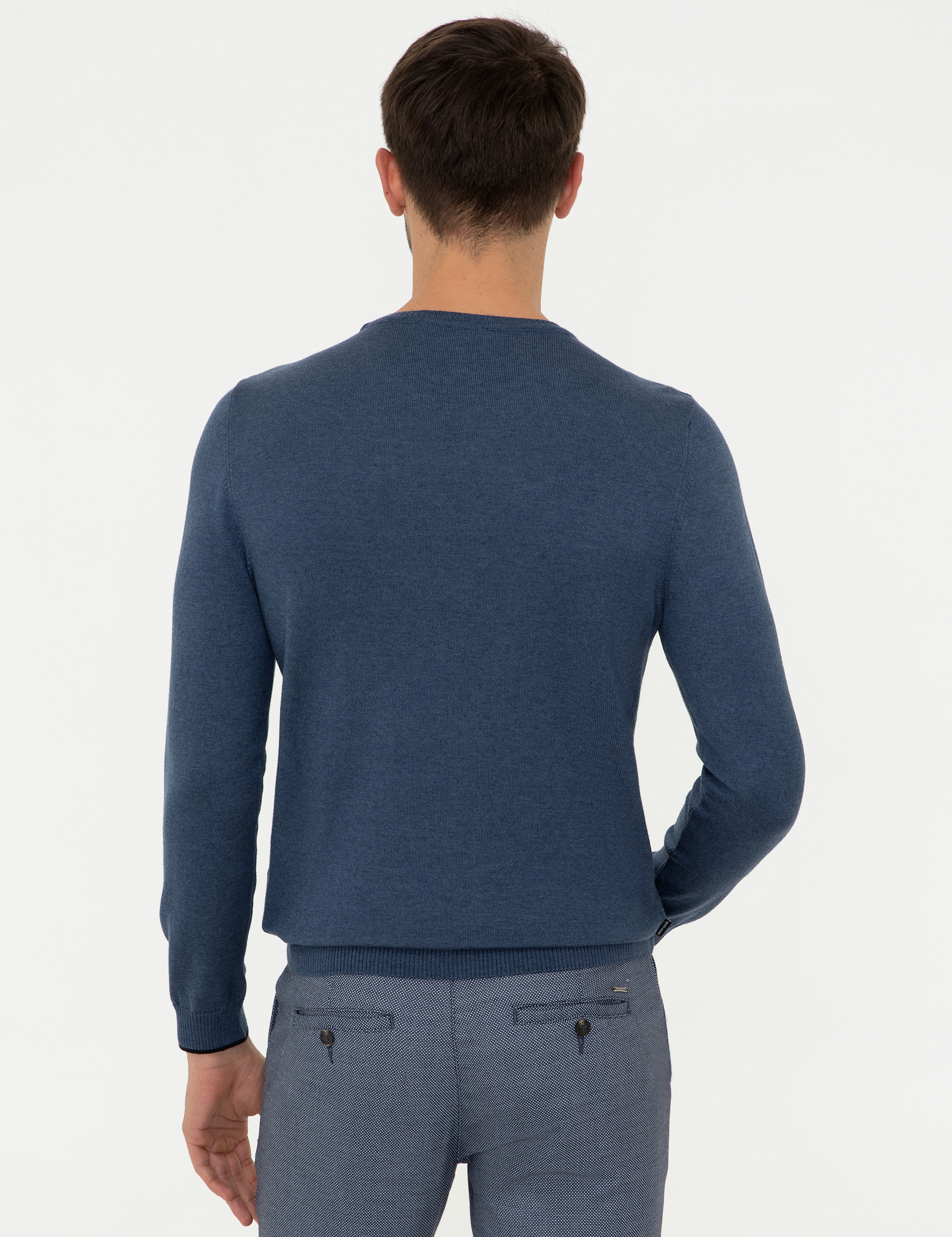 İndigo Melanj Slim Fit Bisiklet Yaka Basic Triko Kazak - Image 4