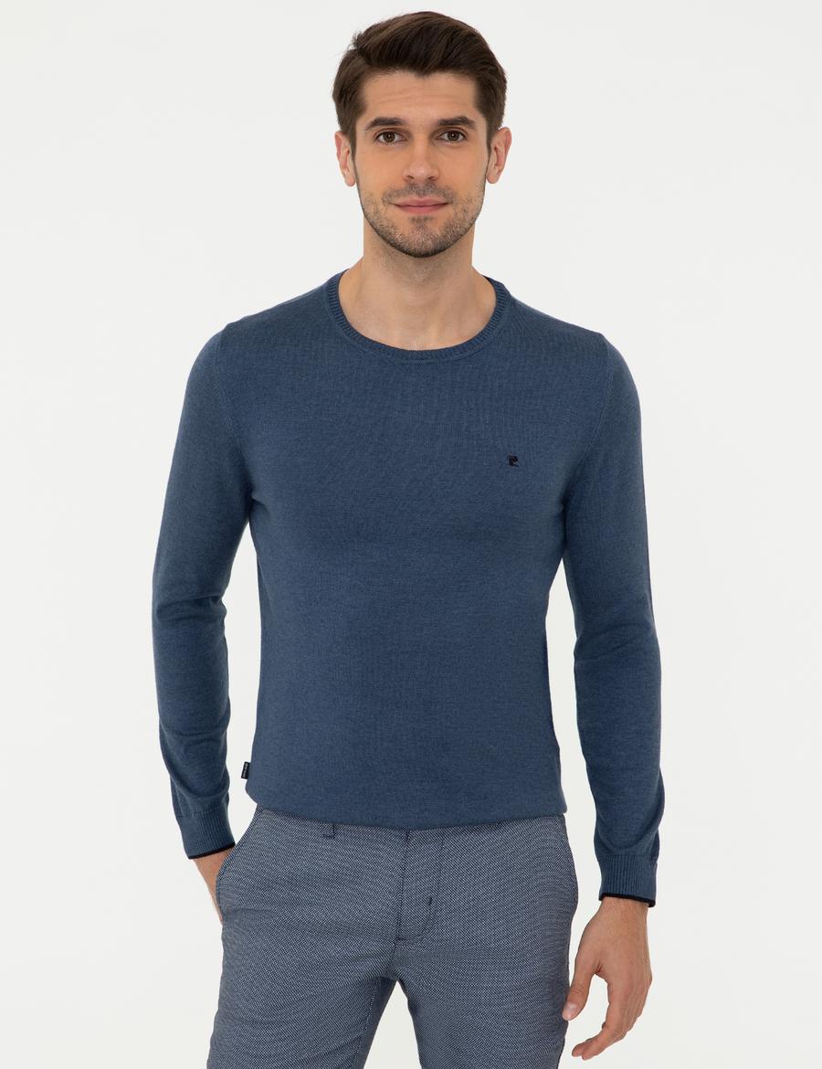 İndigo Melanj Slim Fit Bisiklet Yaka Basic Triko Kazak