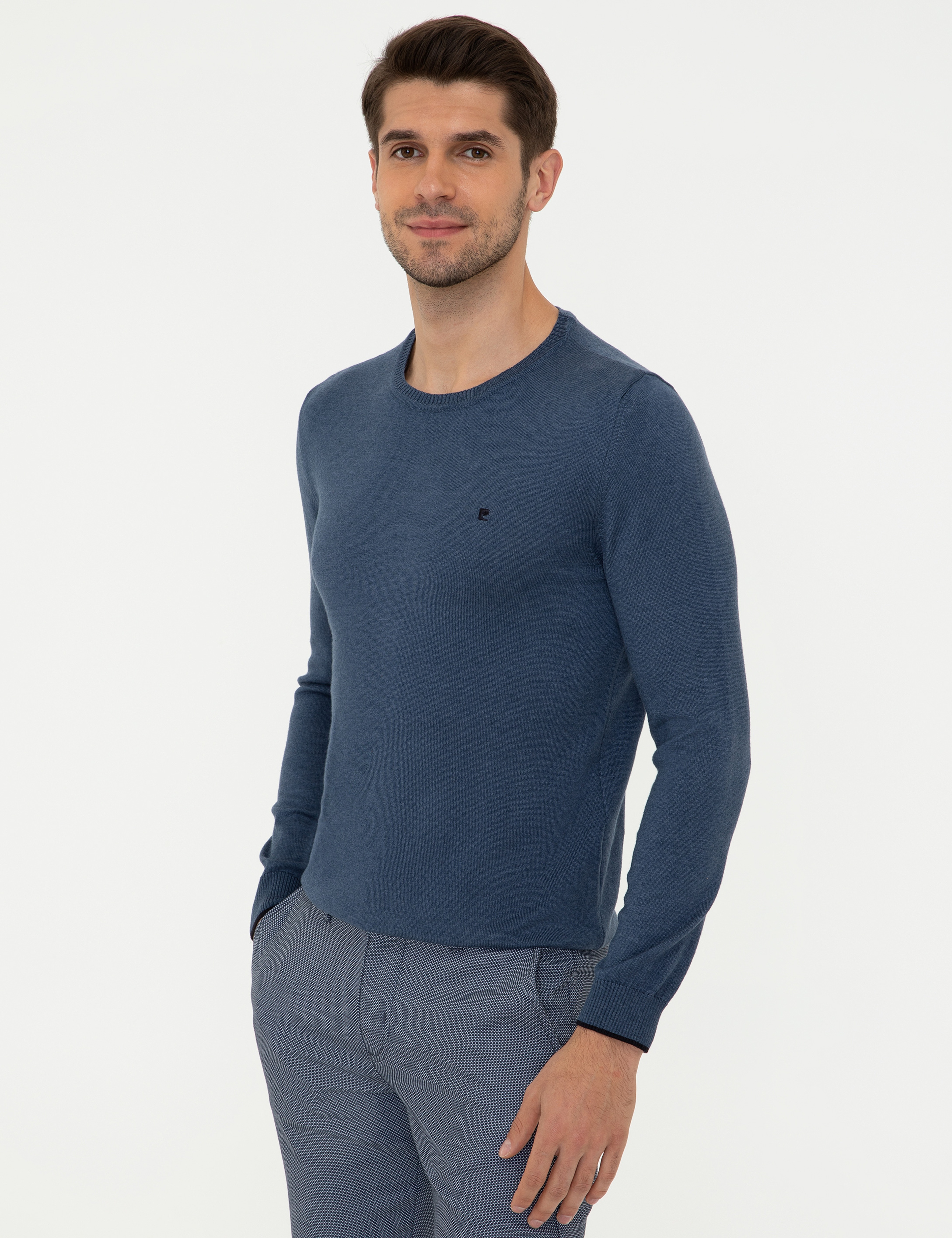İndigo Melanj Slim Fit Bisiklet Yaka Basic Triko Kazak - Image 3
