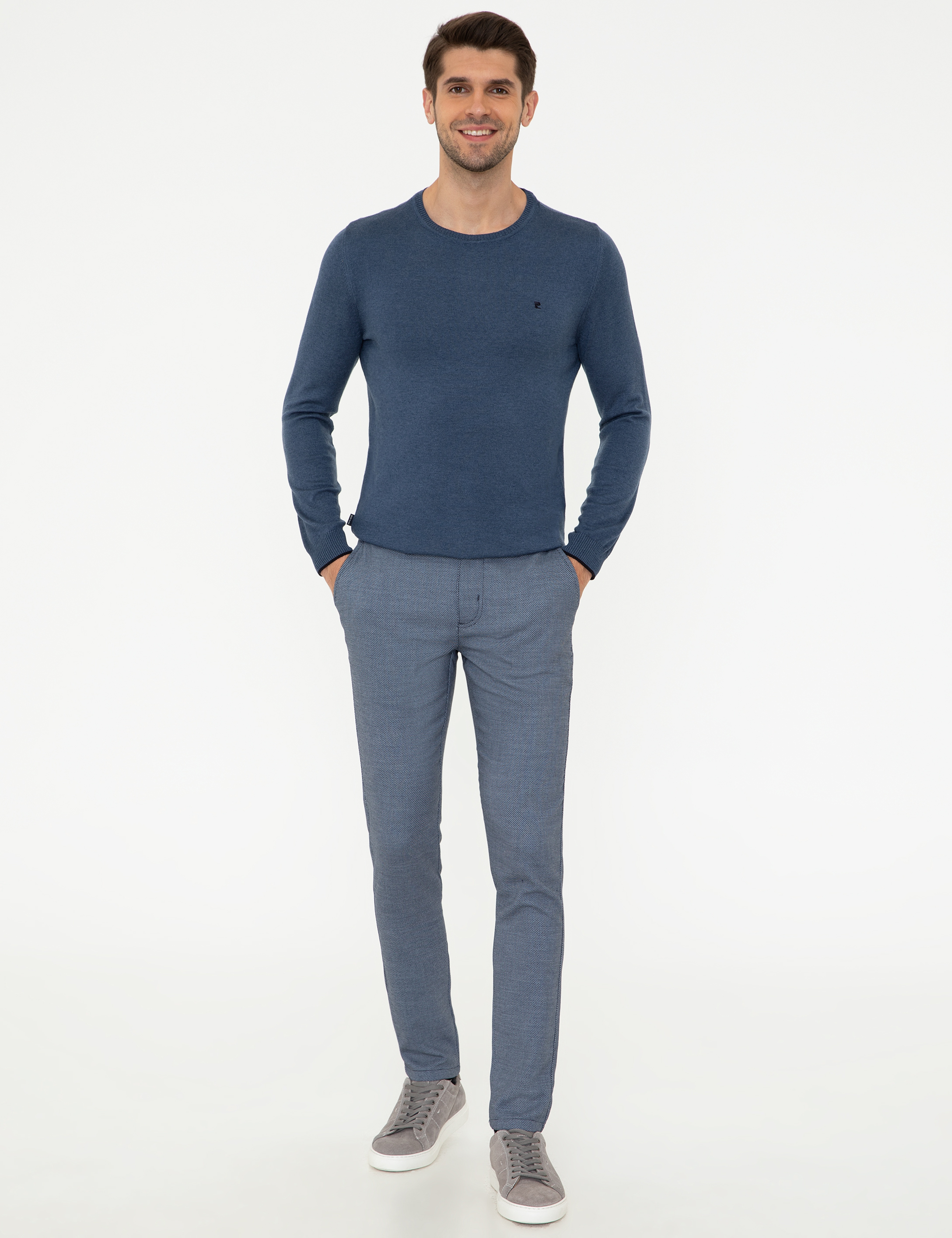 İndigo Melanj Slim Fit Bisiklet Yaka Basic Triko Kazak