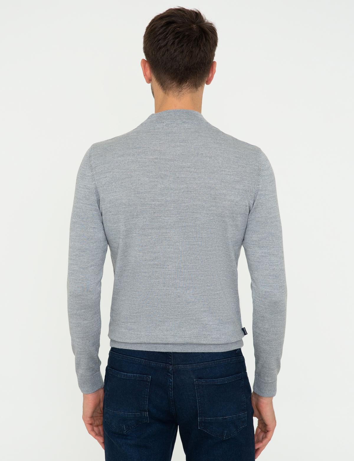 Açık Gri Melanj Slim Fit Çeyrek Yaka Yün Karışımlı Basic Triko Kazak - 50243895016