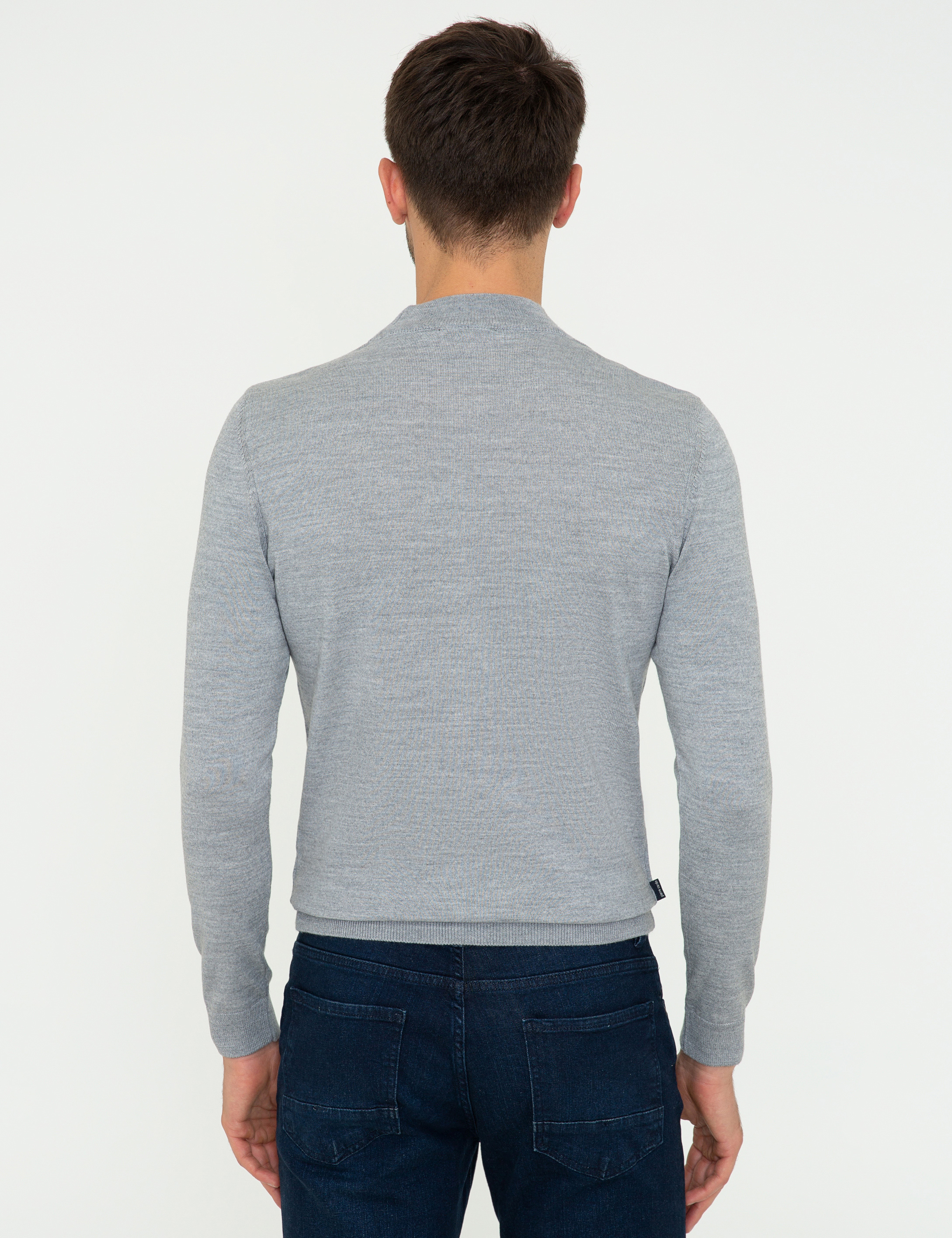 Açık Gri Melanj Slim Fit Çeyrek Yaka Yün Karışımlı Basic Triko Kazak - Image 4