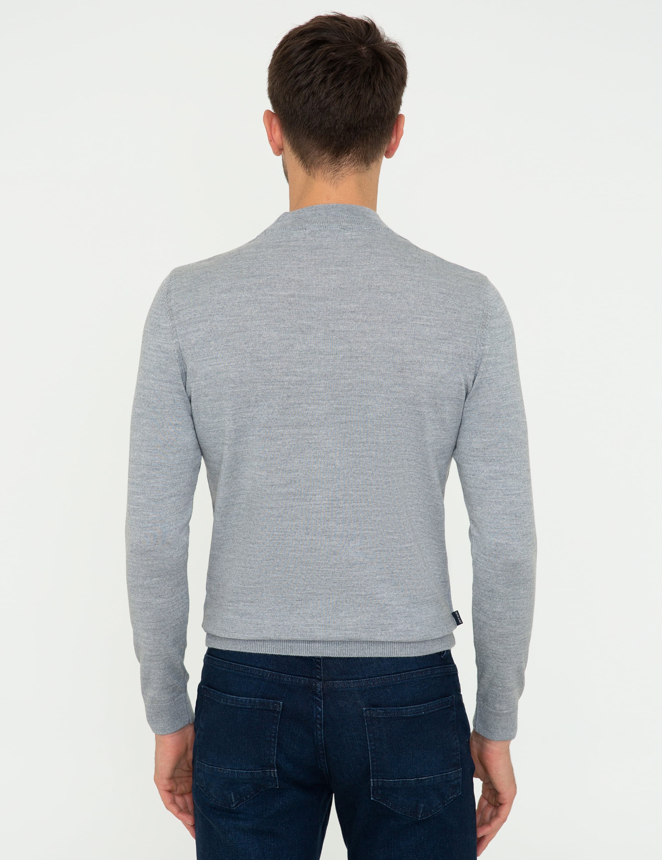 Açık Gri Melanj Slim Fit Çeyrek Yaka Yün Karışımlı Basic Triko Kazak