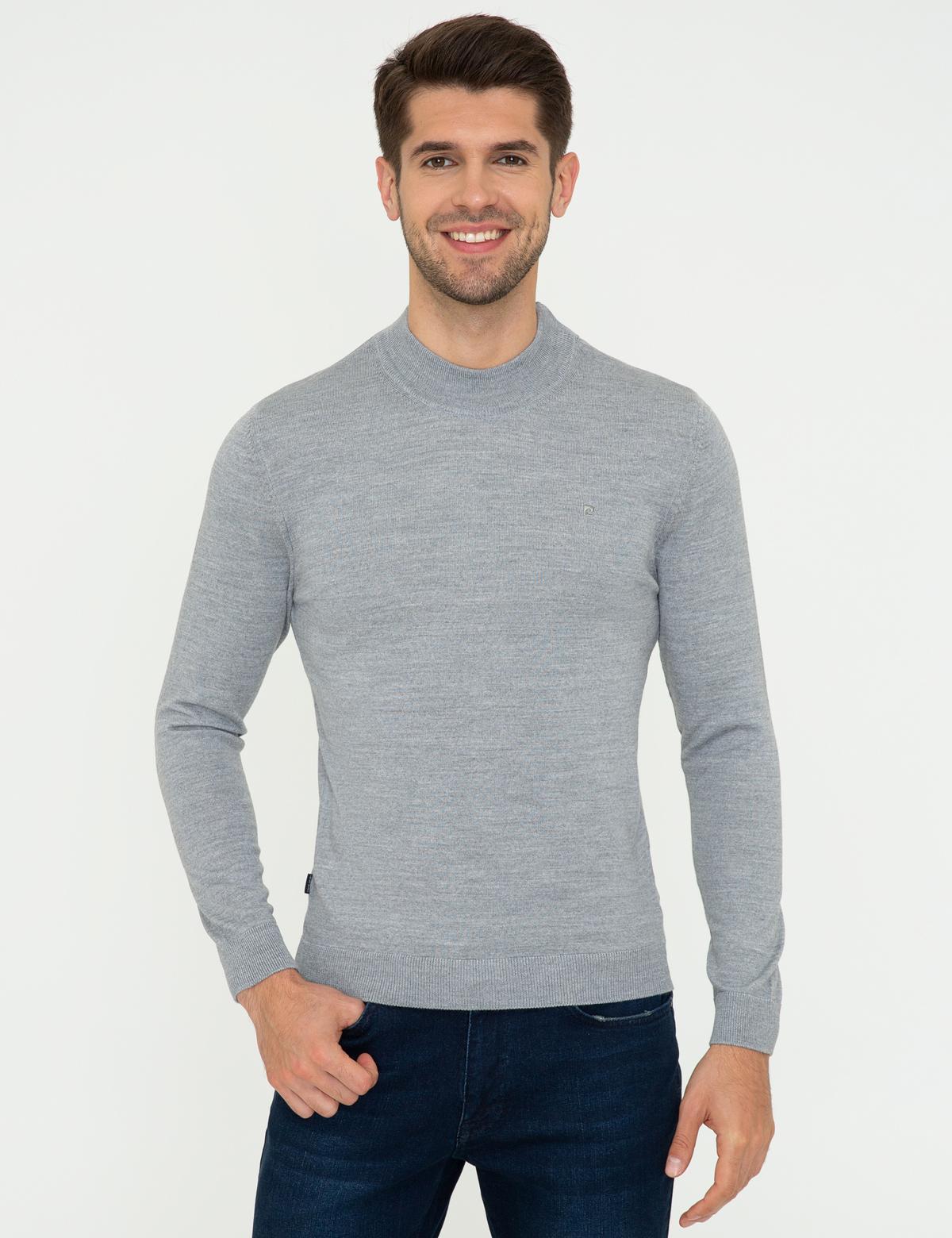 Açık Gri Melanj Slim Fit Çeyrek Yaka Yün Karışımlı Basic Triko Kazak