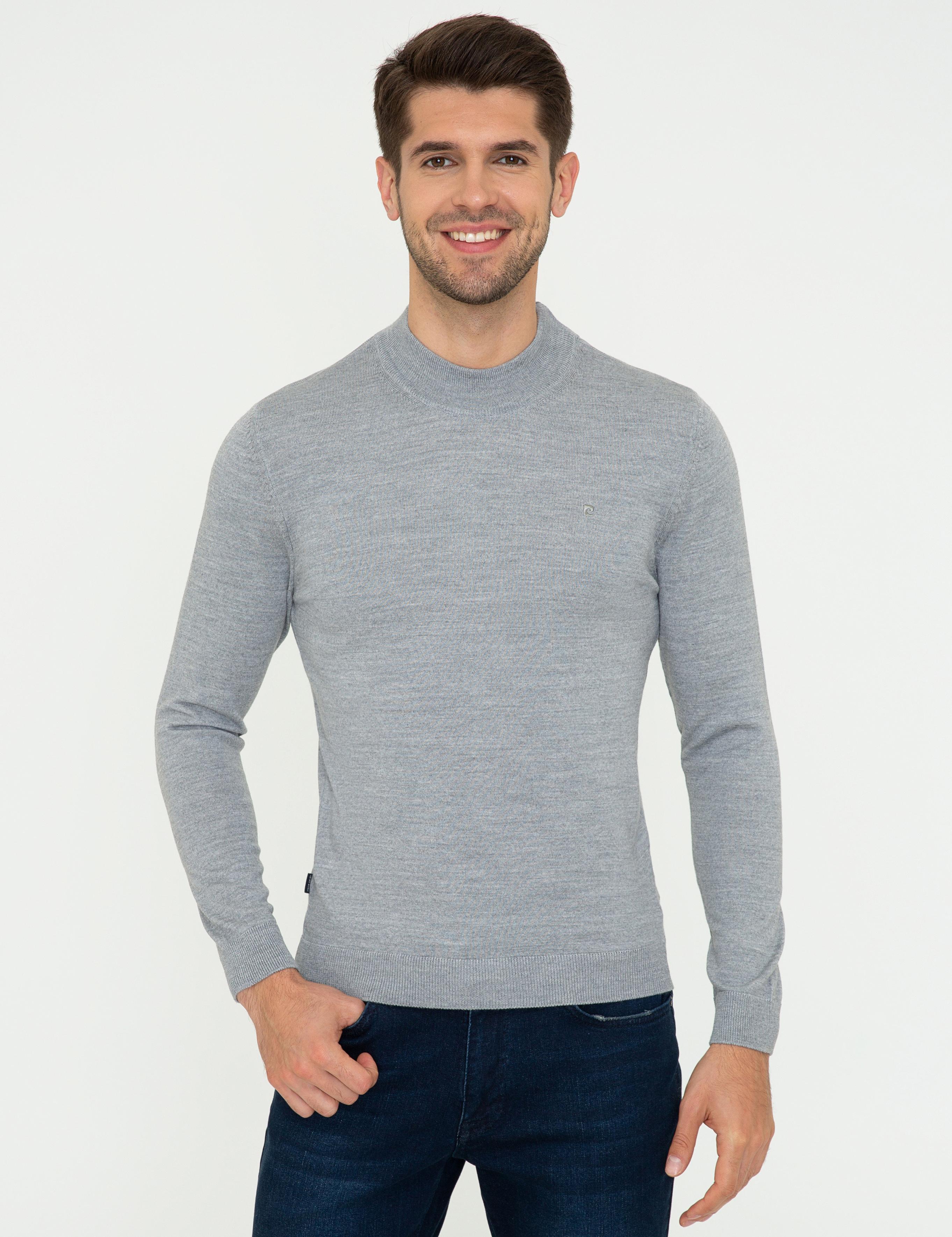 Açık Gri Melanj Slim Fit Çeyrek Yaka Yün Karışımlı Basic Triko Kazak