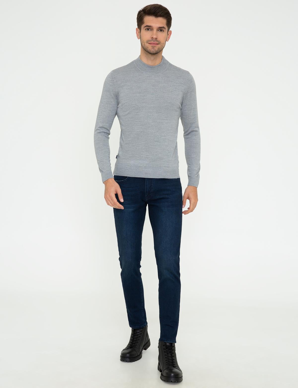 Açık Gri Melanj Slim Fit Çeyrek Yaka Yün Karışımlı Basic Triko Kazak - 50243895016