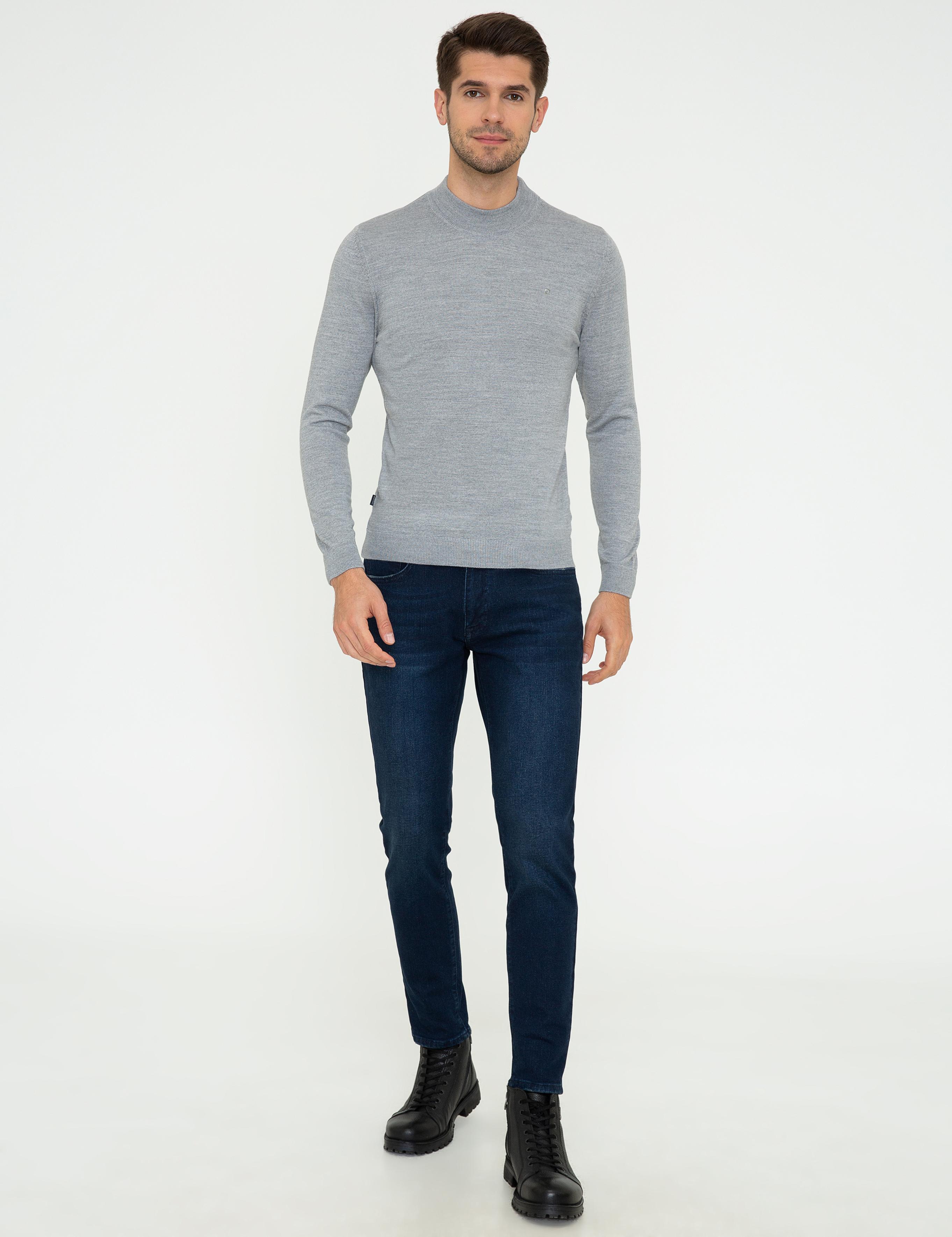 Açık Gri Melanj Slim Fit Çeyrek Yaka Yün Karışımlı Basic Triko Kazak