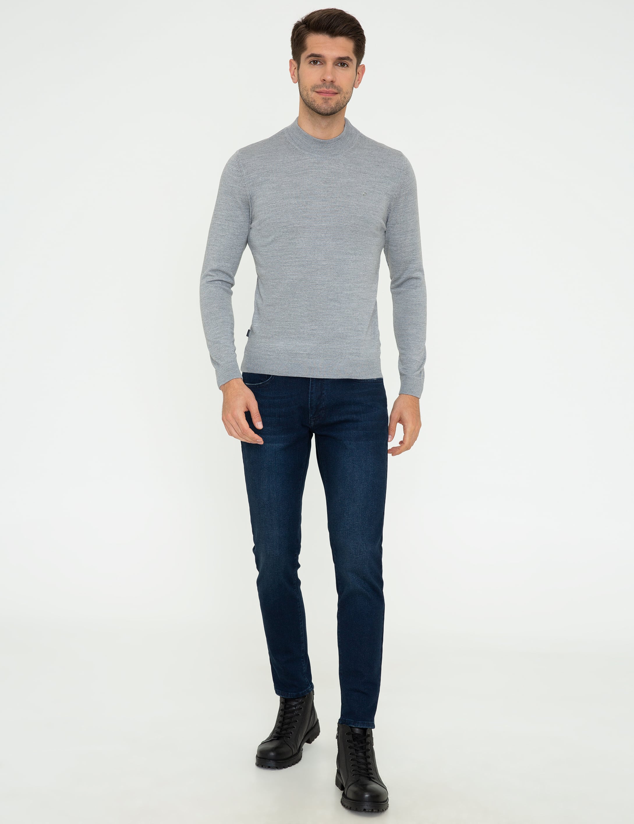 Açık Gri Melanj Slim Fit Çeyrek Yaka Yün Karışımlı Basic Triko Kazak - Image 5