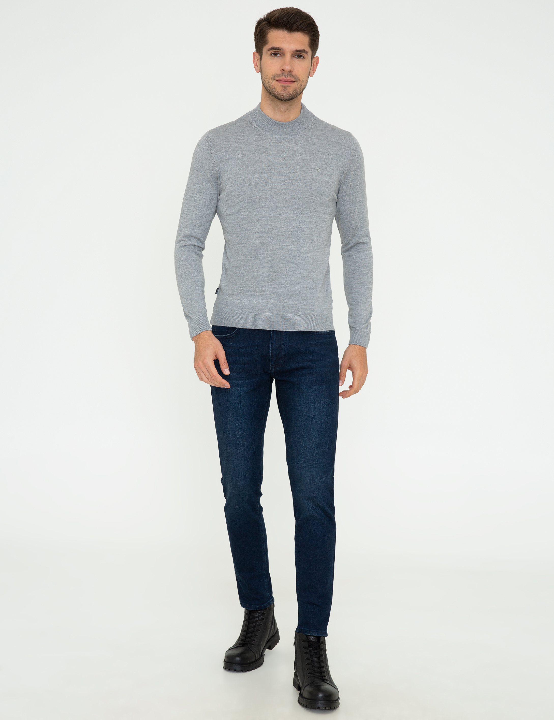 Açık Gri Melanj Slim Fit Çeyrek Yaka Yün Karışımlı Basic Triko Kazak