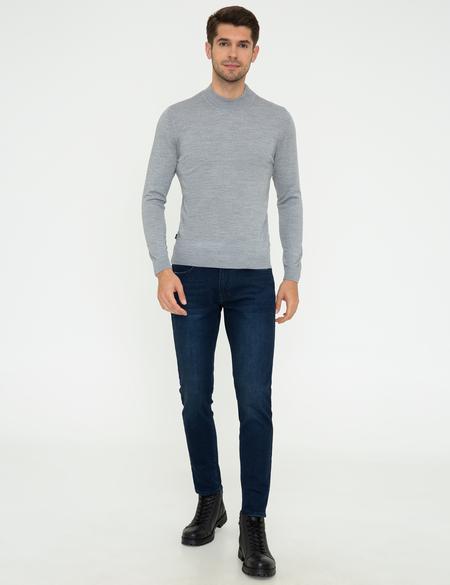 Açık Gri Melanj Slim Fit Çeyrek Yaka Yün Karışımlı Basic Triko Kazak - 50243895016