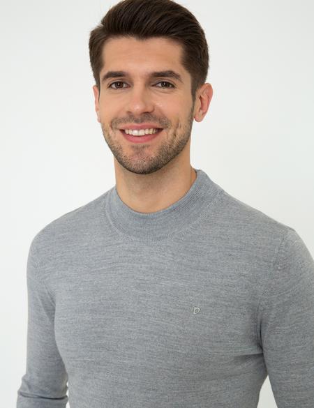 Açık Gri Melanj Slim Fit Çeyrek Yaka Yün Karışımlı Basic Triko Kazak - 50243895016