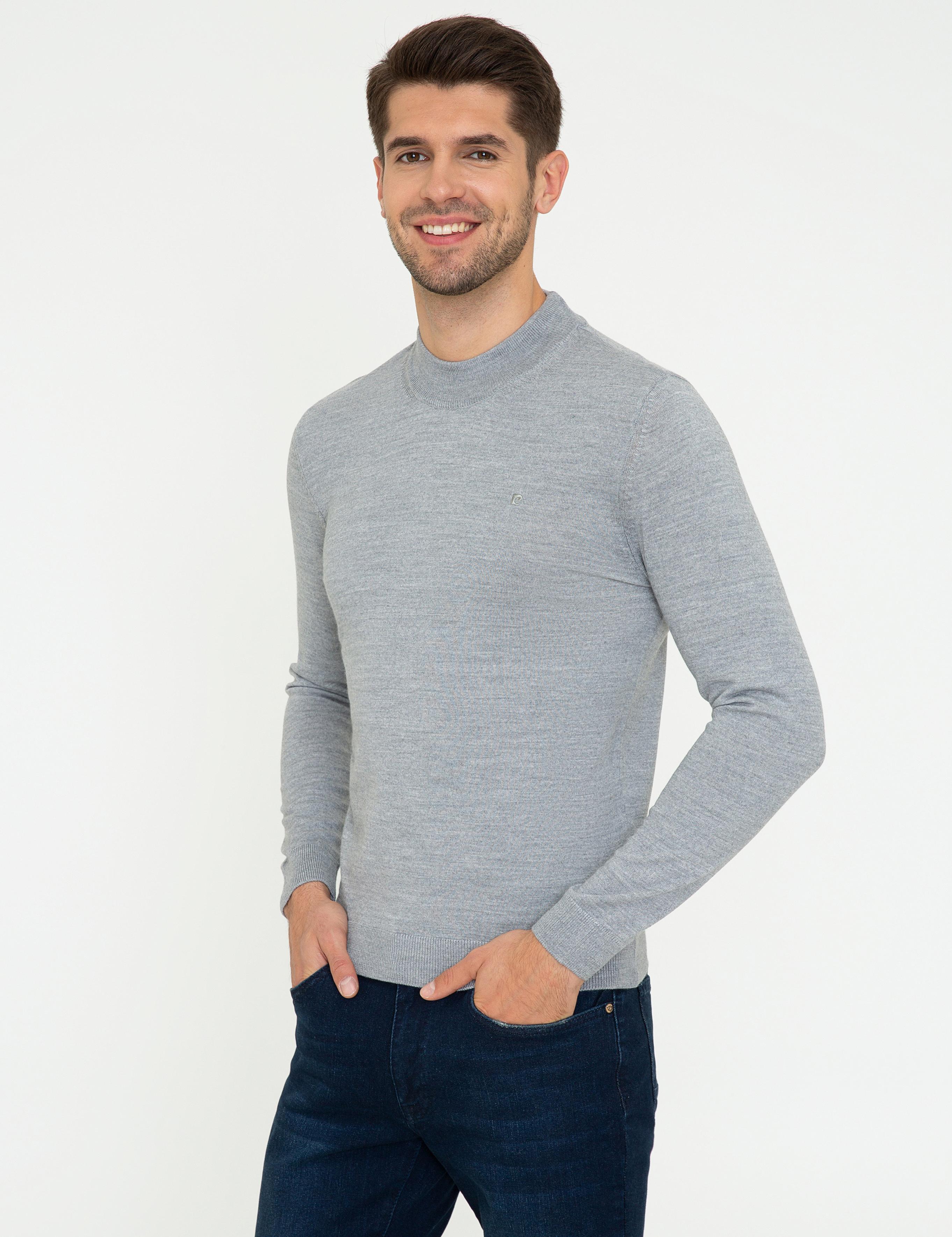 Açık Gri Melanj Slim Fit Çeyrek Yaka Yün Karışımlı Basic Triko Kazak