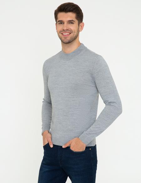 Açık Gri Melanj Slim Fit Çeyrek Yaka Yün Karışımlı Basic Triko Kazak - 50243895016