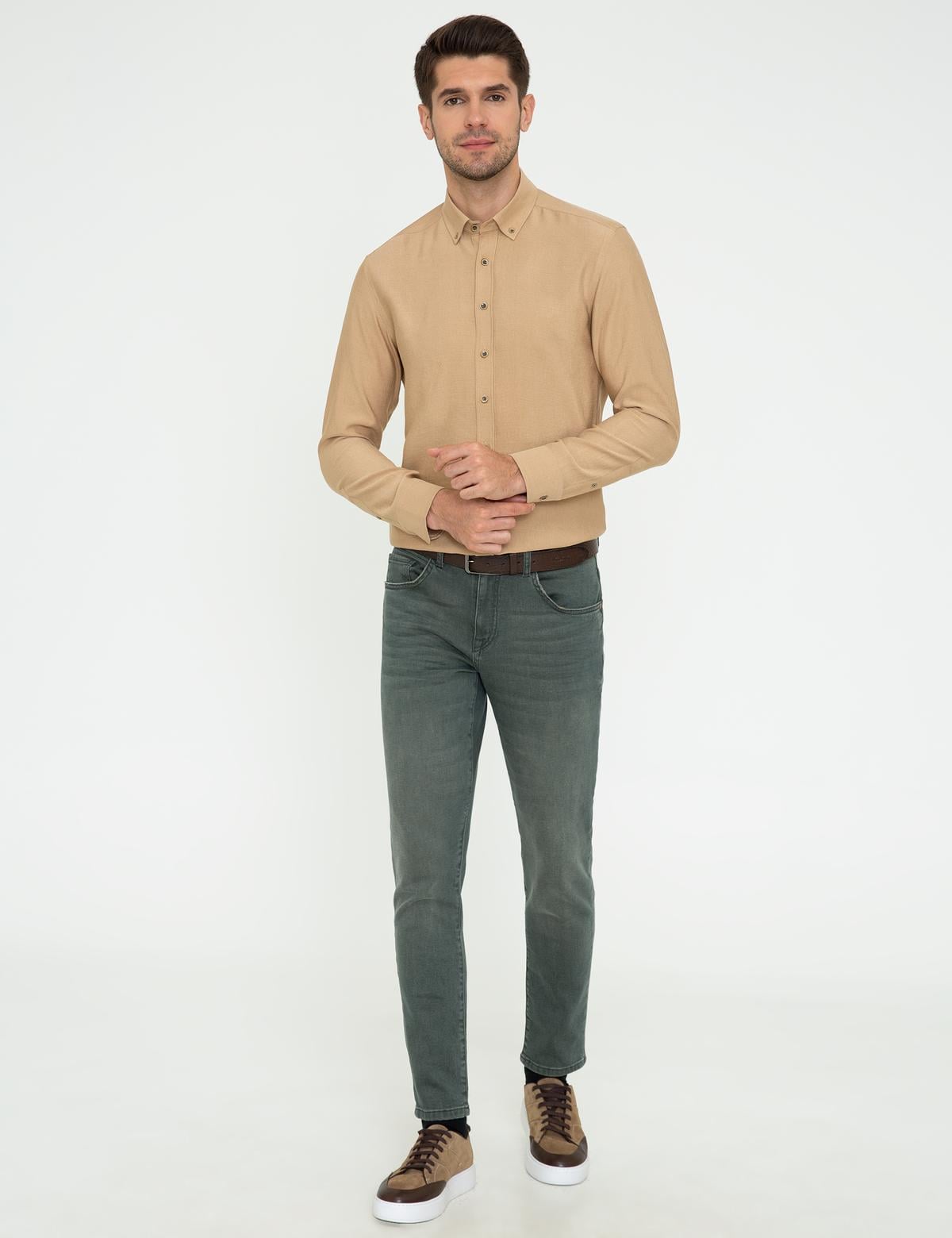 Bej Slim Fit Uzun Kollu Gömlek - 50248234008