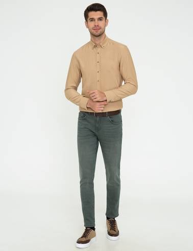 Bej Slim Fit Uzun Kollu Gömlek
