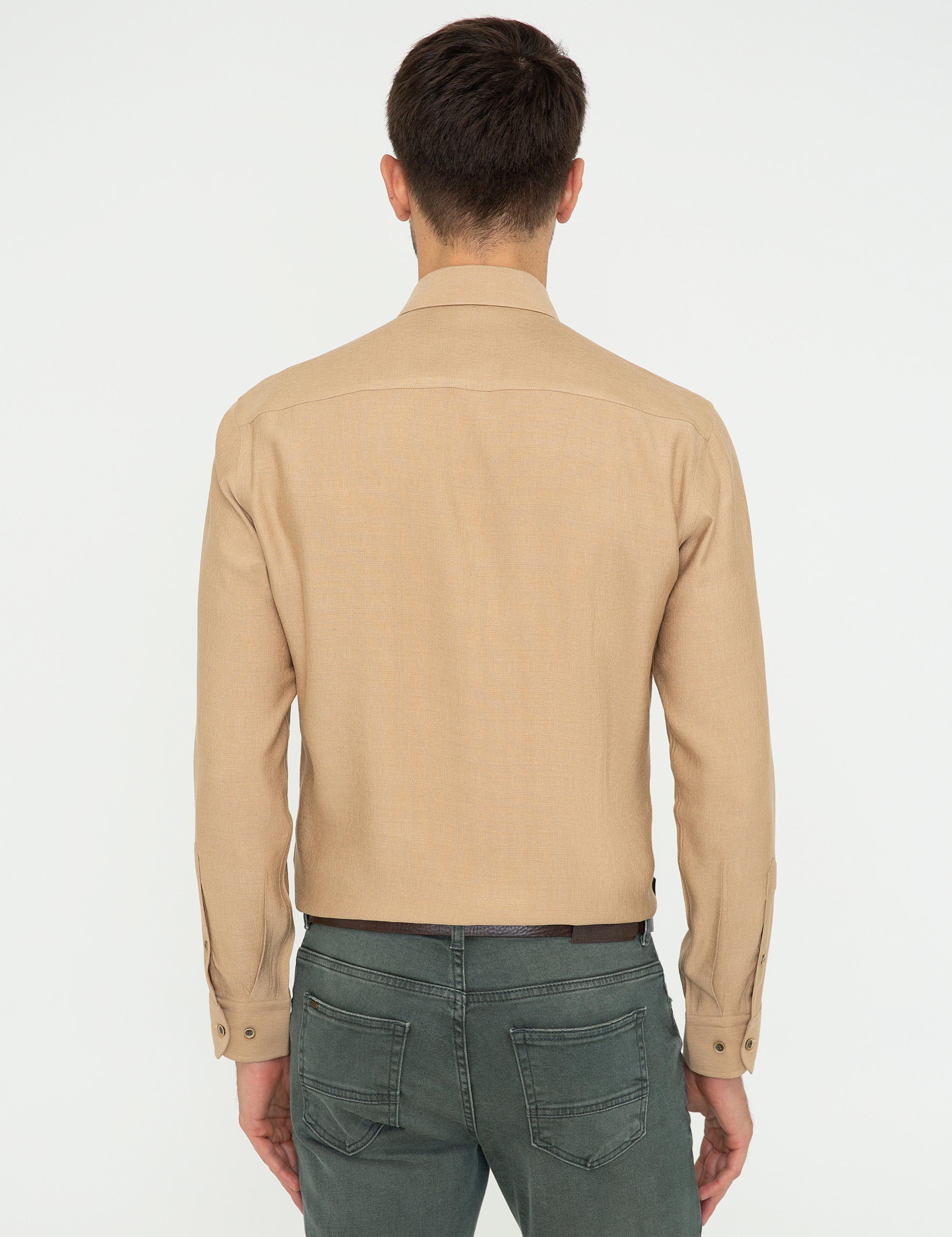 Bej Slim Fit Uzun Kollu Gömlek