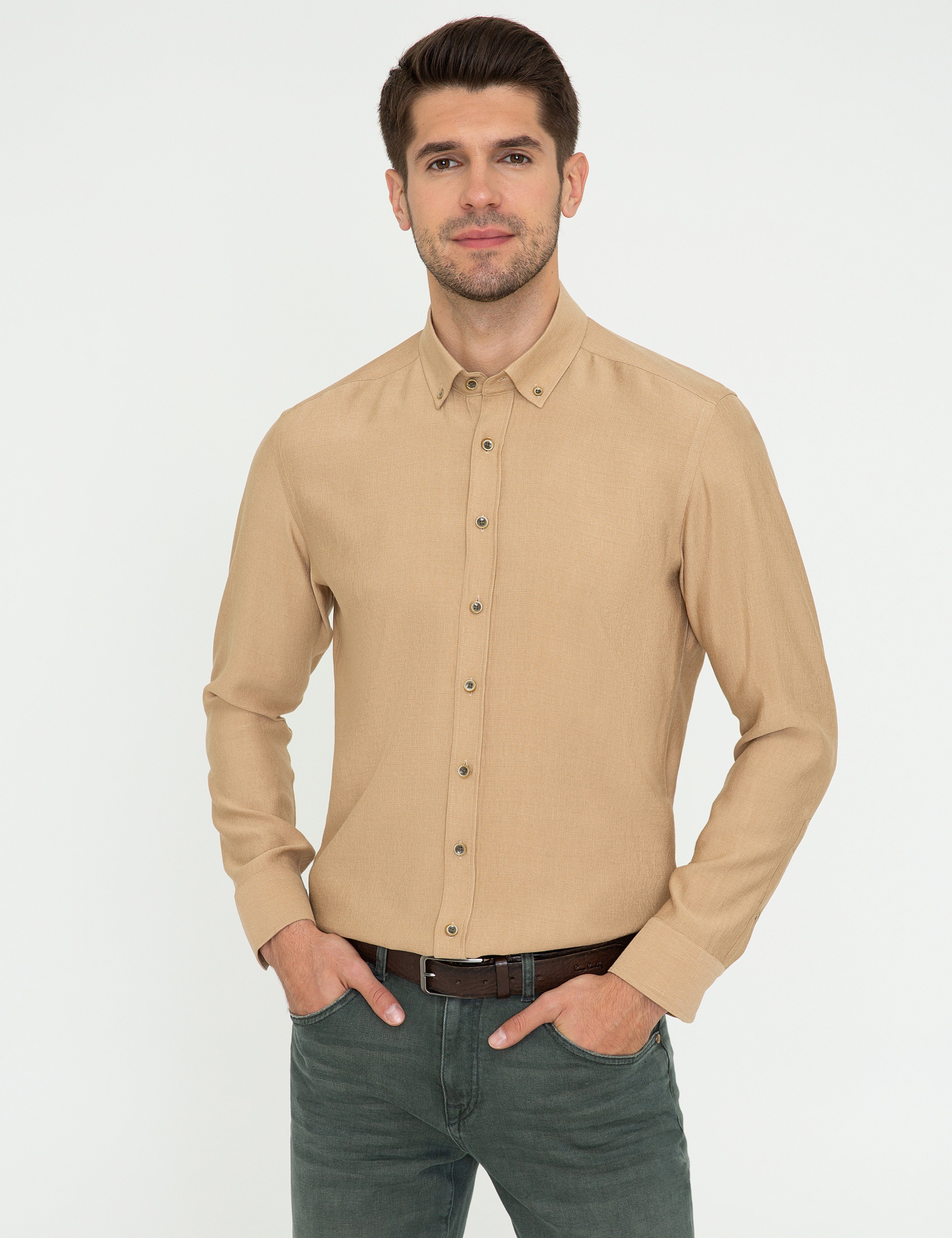 Bej Slim Fit Uzun Kollu Gömlek