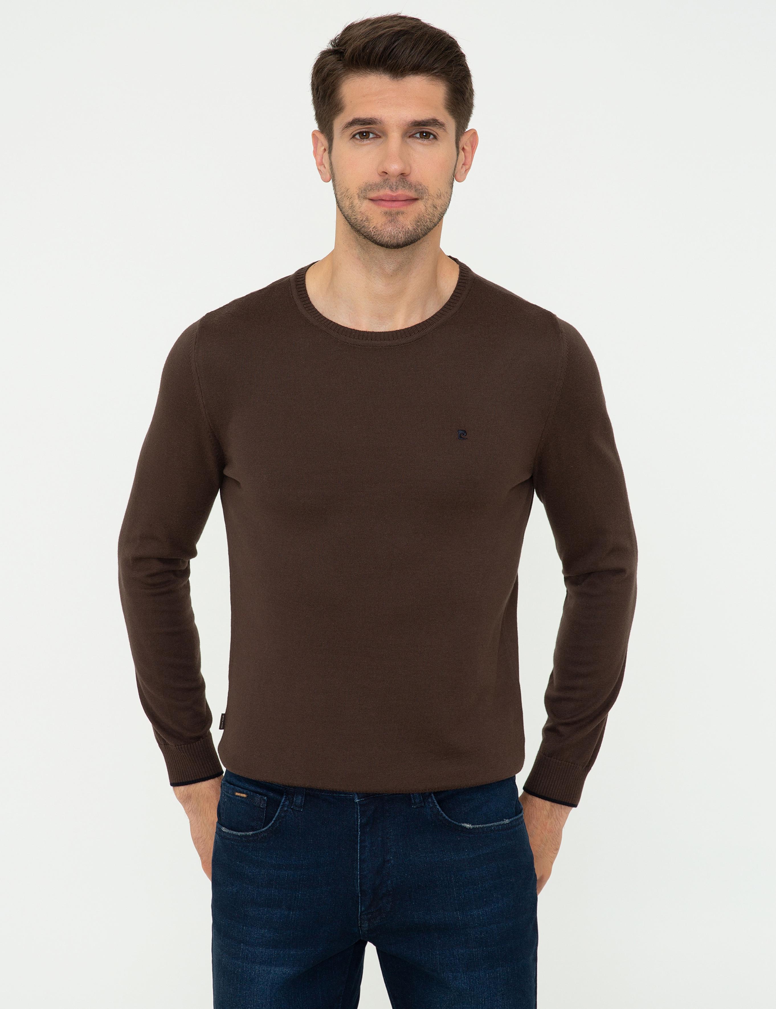 Kahverengi Slim Fit Bisiklet Yaka Basic Triko Kazak