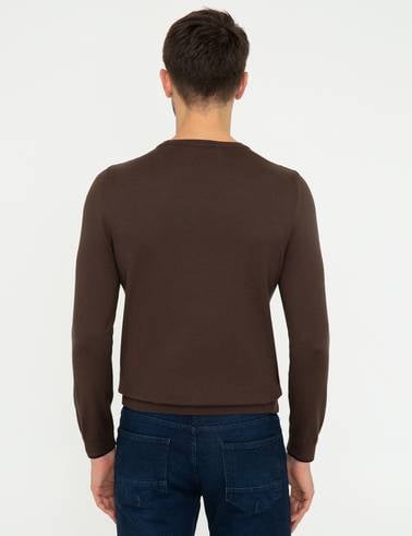 Kahverengi Slim Fit Bisiklet Yaka Basic Triko Kazak