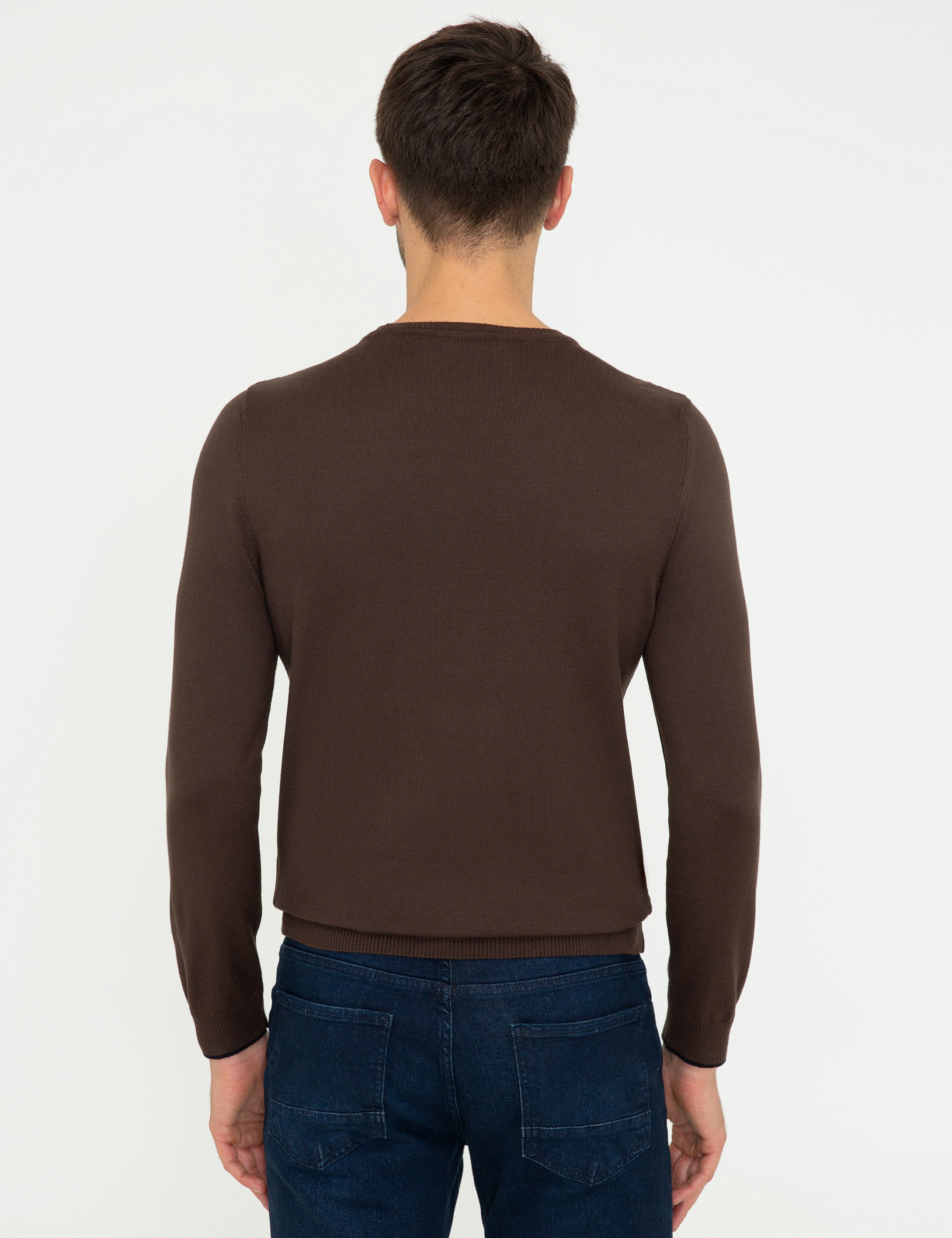 Kahverengi Slim Fit Bisiklet Yaka Basic Triko Kazak - Image 4