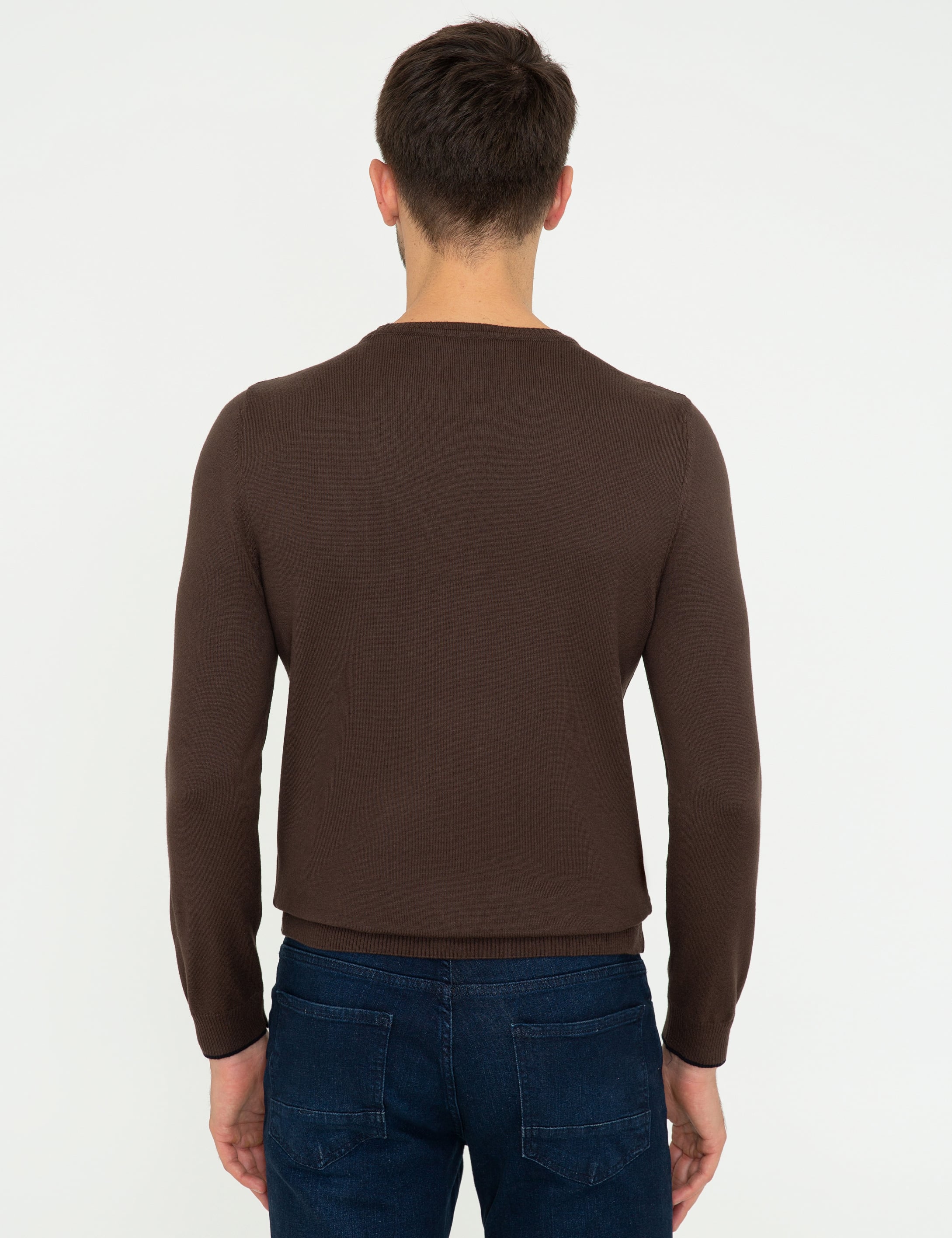 Kahverengi Slim Fit Bisiklet Yaka Basic Triko Kazak