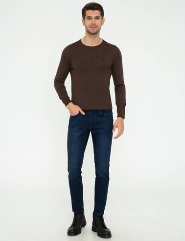 Kahverengi Slim Fit Bisiklet Yaka Basic Triko Kazak