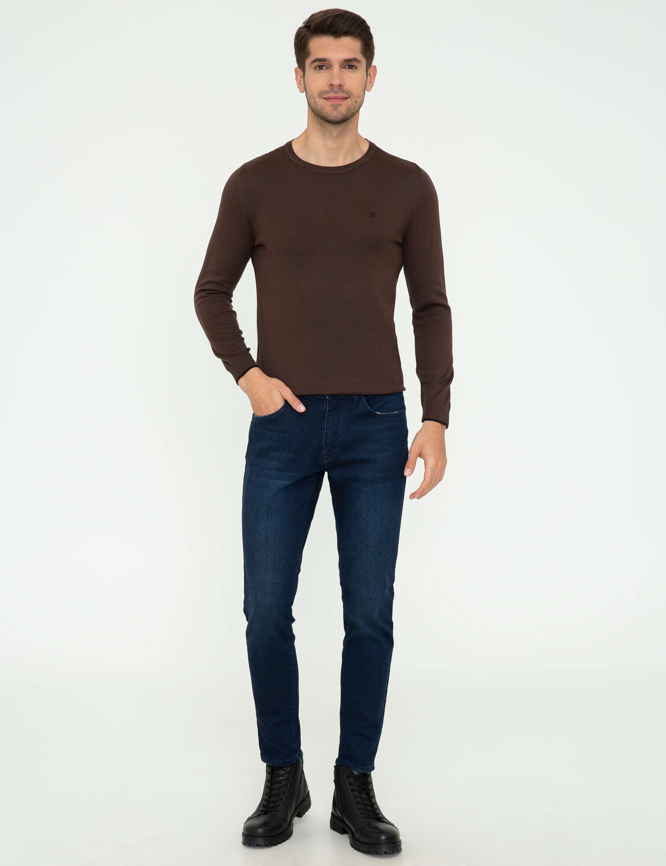 Kahverengi Slim Fit Bisiklet Yaka Basic Triko Kazak - Image 5