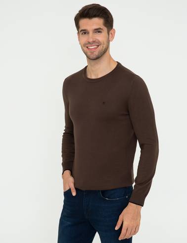Kahverengi Slim Fit Bisiklet Yaka Basic Triko Kazak