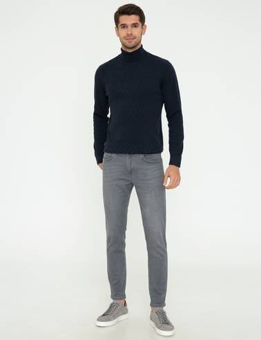 Lacivert Melanj Slim Fit Balıkçı Yaka Triko Kazak