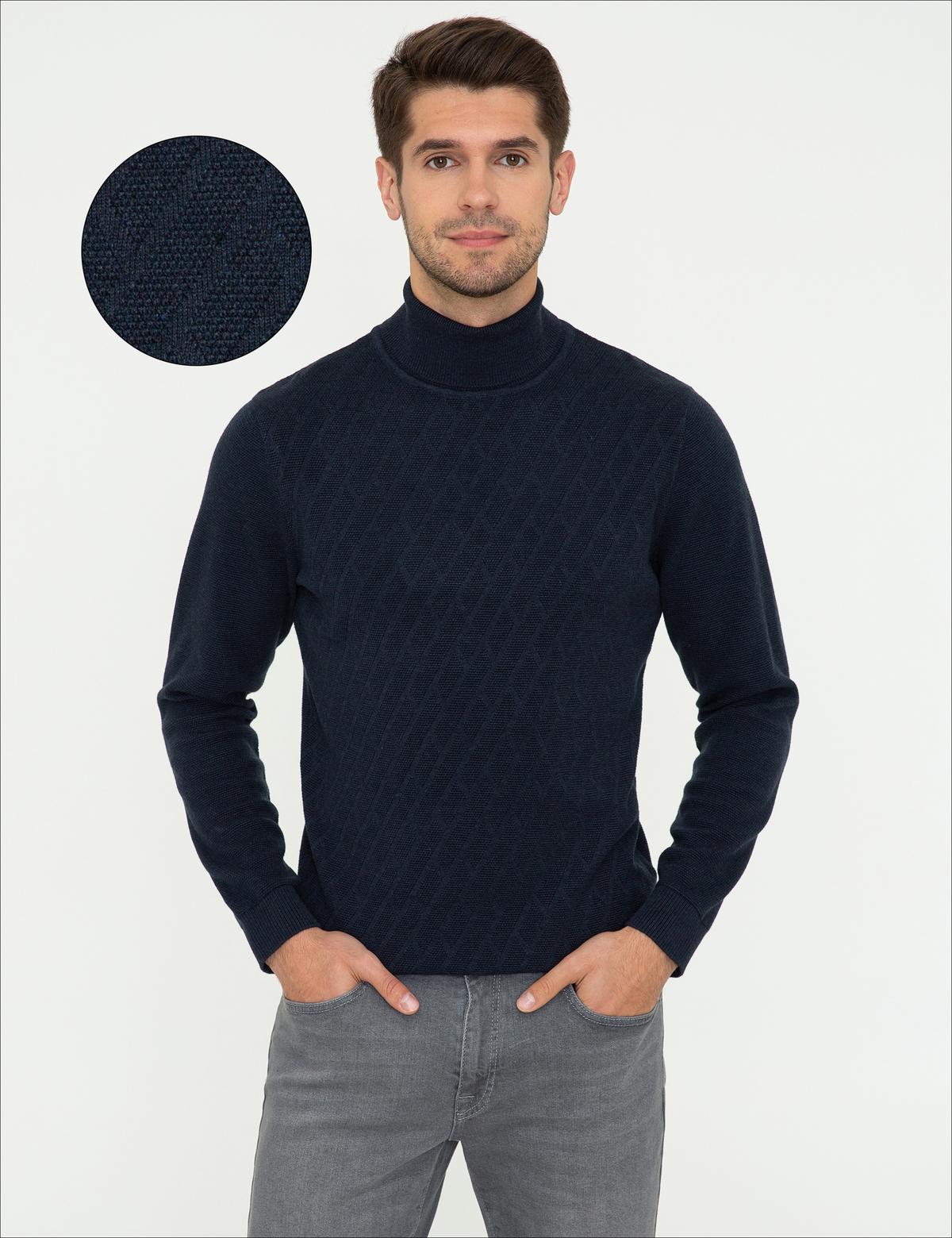 Lacivert Melanj Slim Fit Balıkçı Yaka Triko Kazak