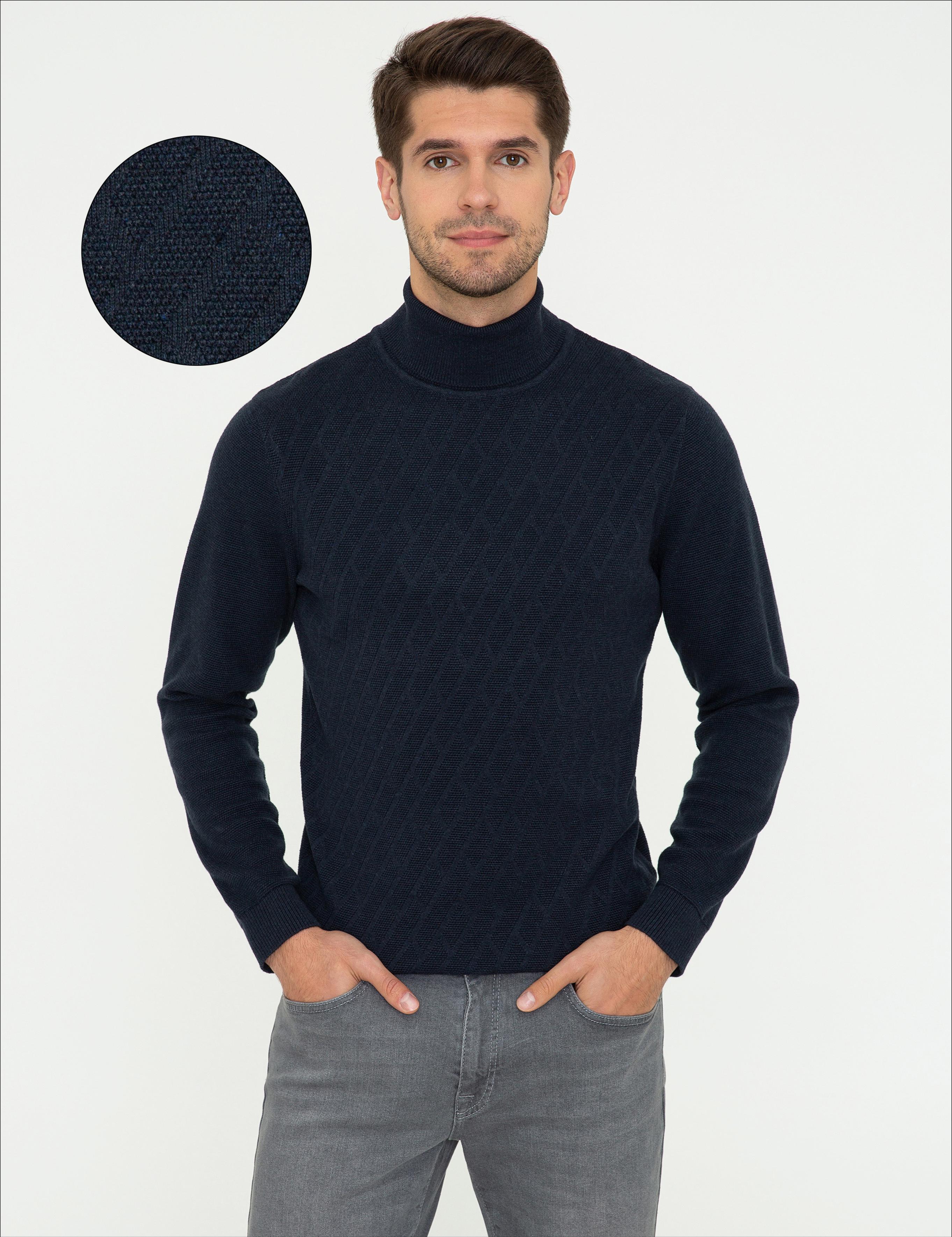 Lacivert Melanj Slim Fit Balıkçı Yaka Triko Kazak