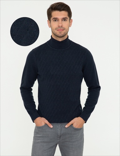 Lacivert Melanj Slim Fit Balıkçı Yaka Triko Kazak