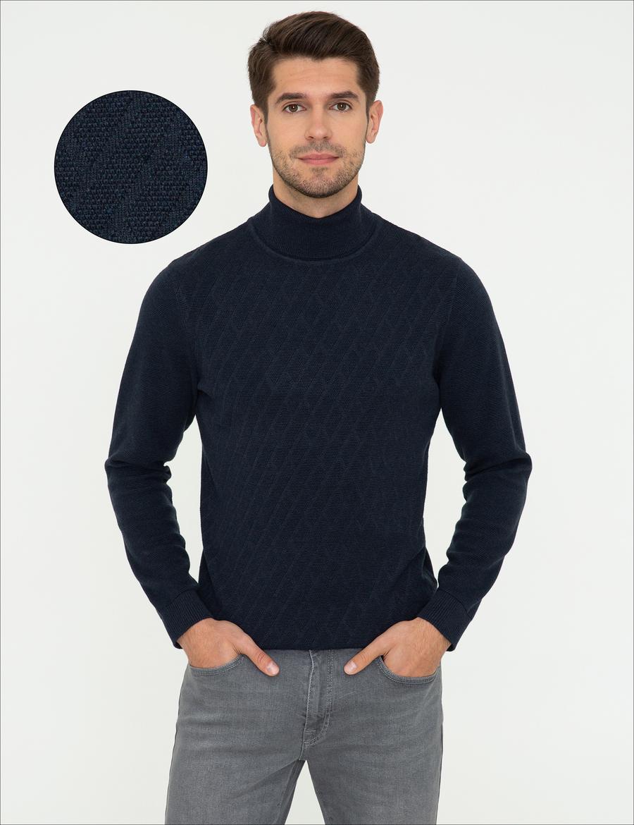 Lacivert Melanj Slim Fit Balıkçı Yaka Triko Kazak