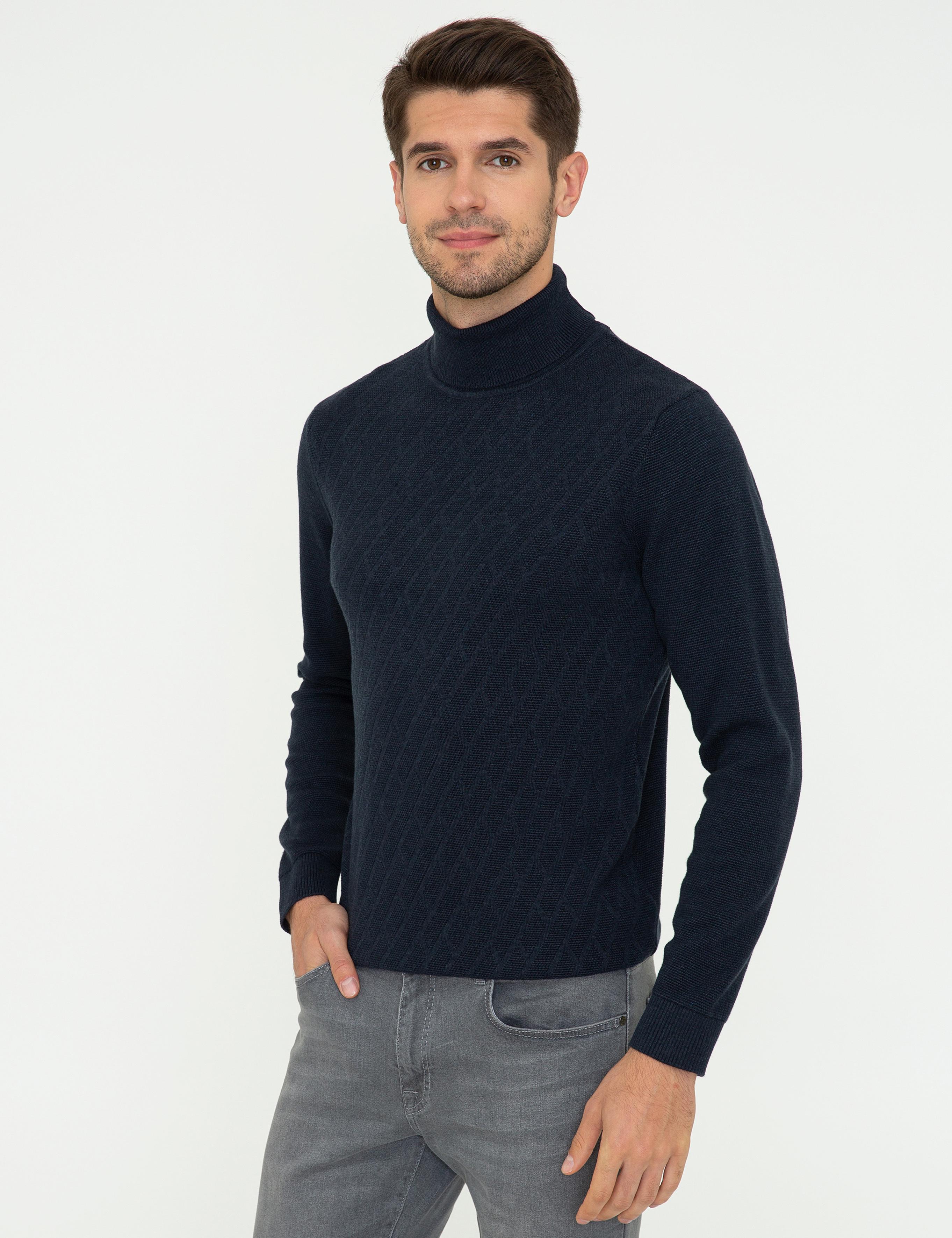 Lacivert Melanj Slim Fit Balıkçı Yaka Triko Kazak