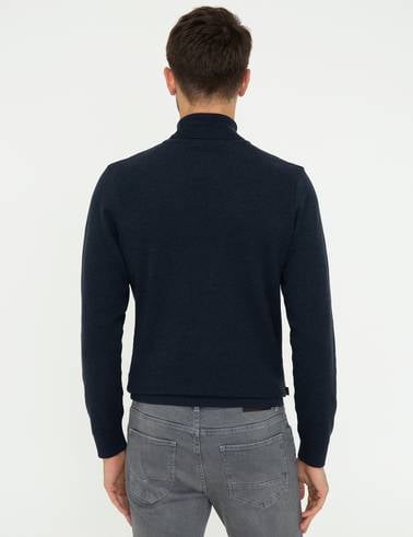 Lacivert Melanj Slim Fit Balıkçı Yaka Triko Kazak
