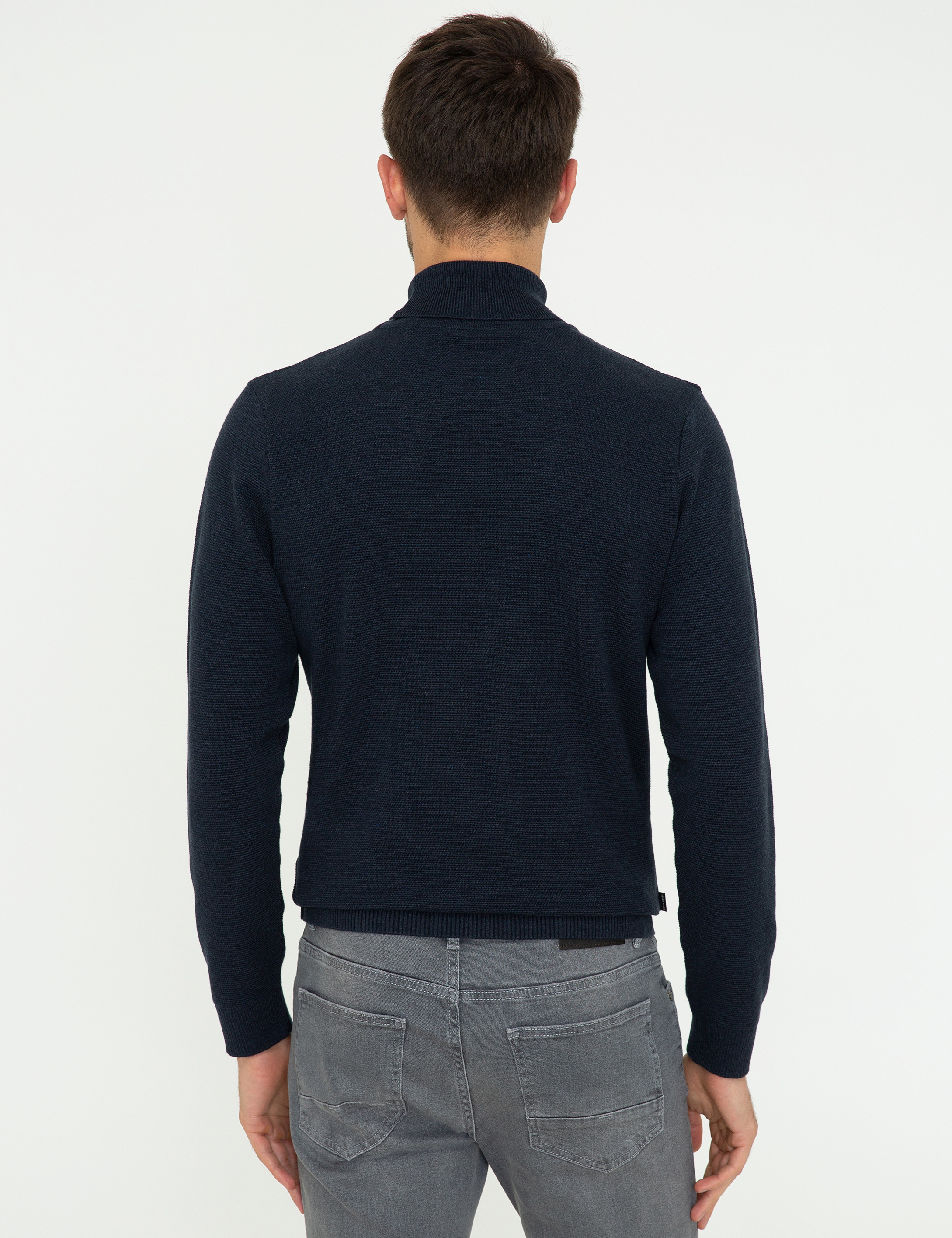 Lacivert Melanj Slim Fit Balıkçı Yaka Triko Kazak - Image 4