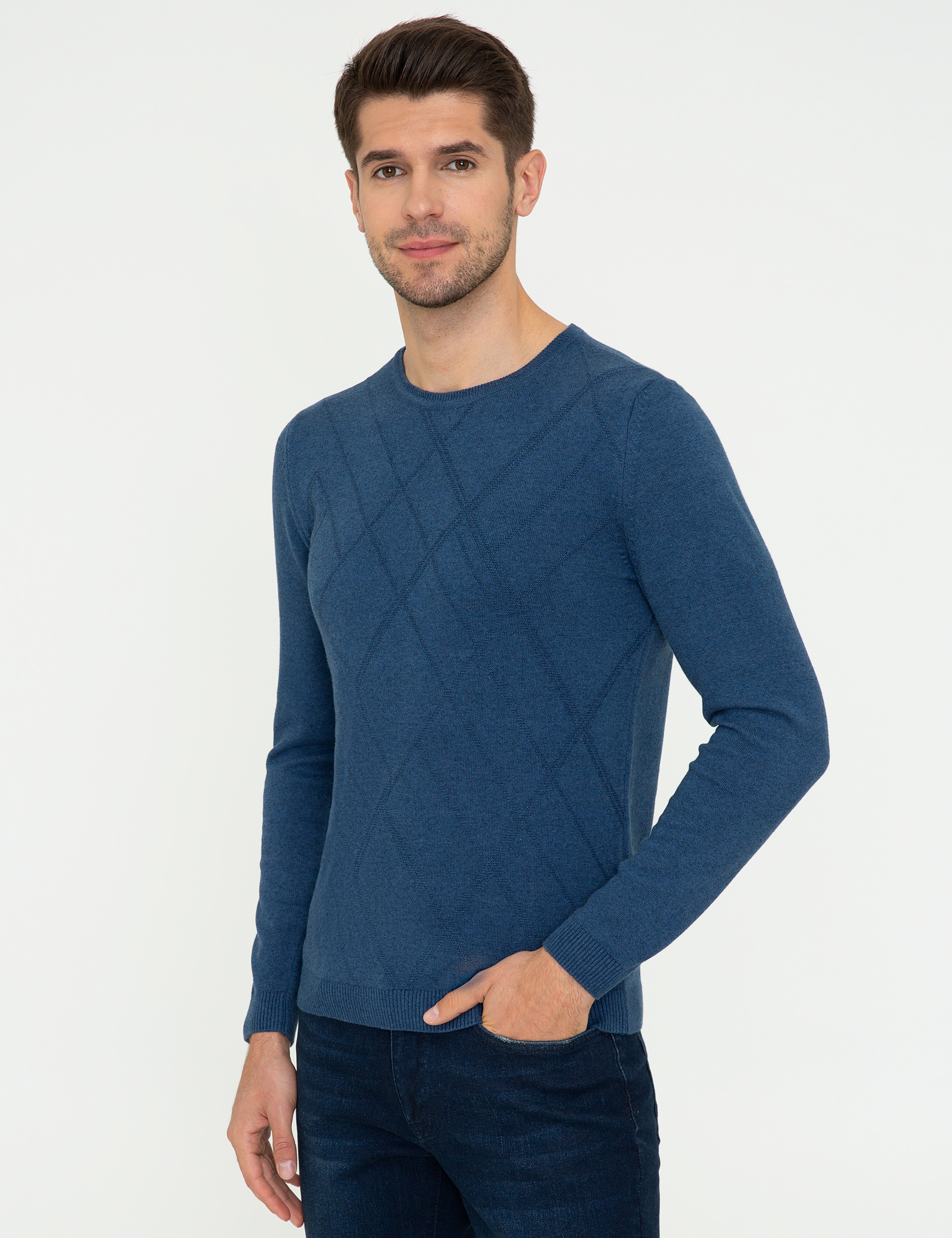 İndigo Melanj Slim Fit Bisiklet Yaka Triko Kazak - Image 3