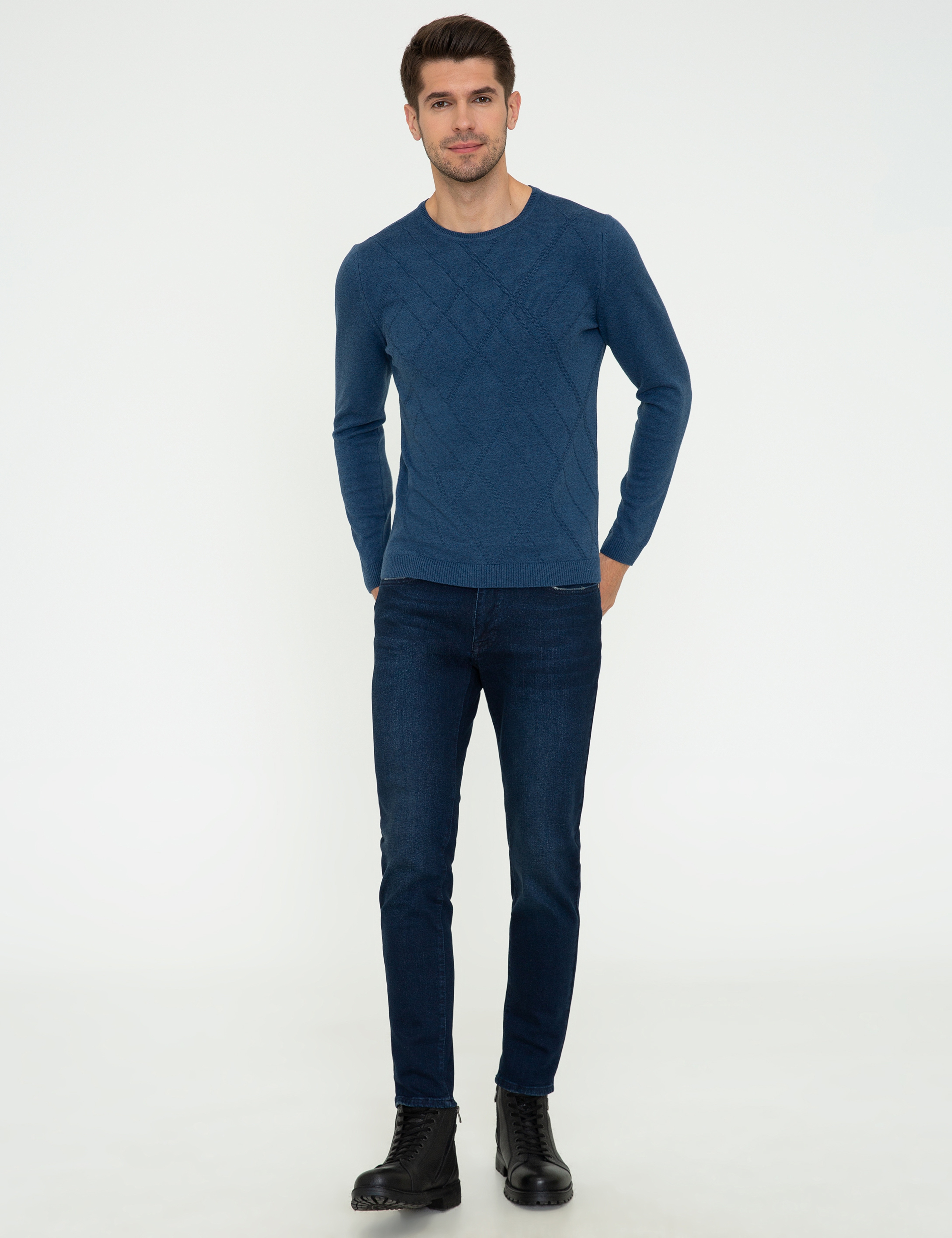 İndigo Melanj Slim Fit Bisiklet Yaka Triko Kazak