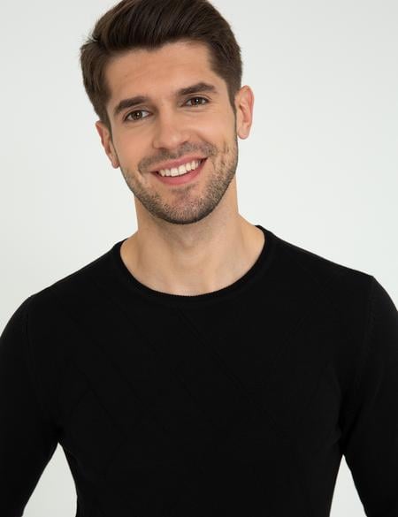 Siyah Slim Fit Bisiklet Yaka Triko Kazak - 50248527008