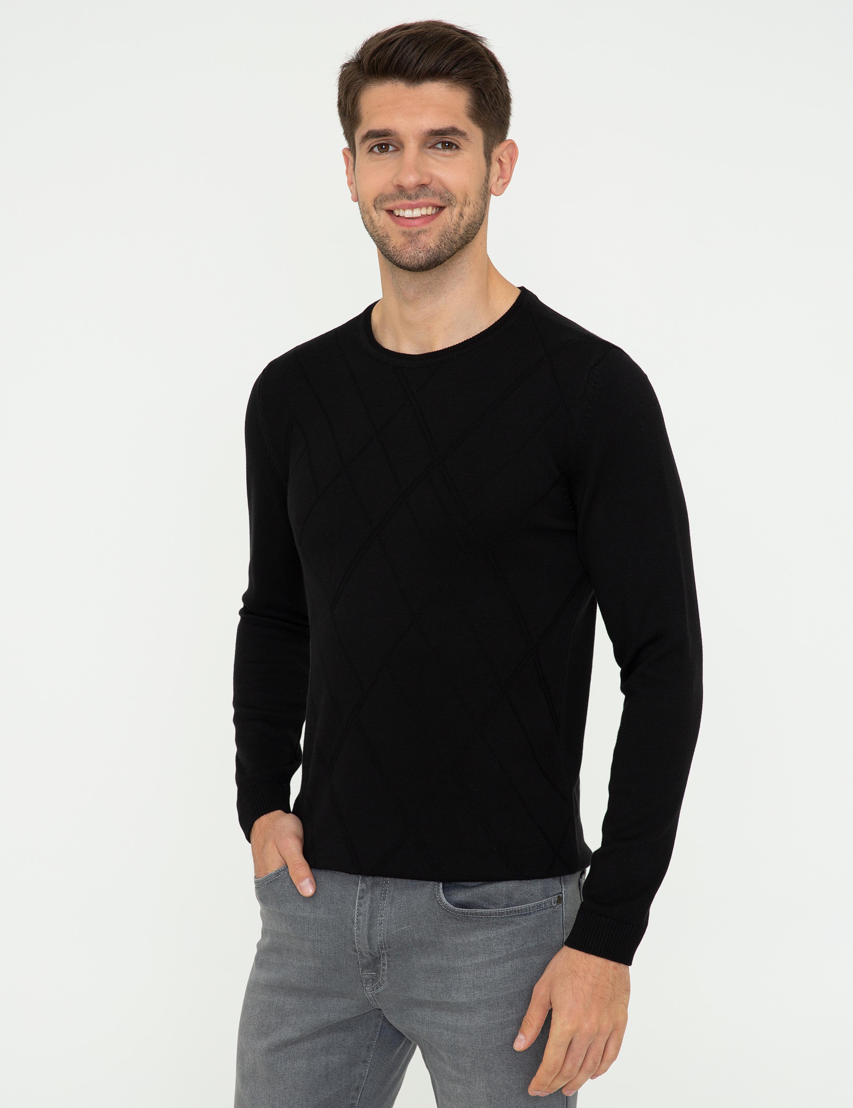 Siyah Slim Fit Bisiklet Yaka Triko Kazak