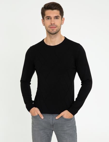 Siyah Slim Fit Bisiklet Yaka Triko Kazak - 50248527008