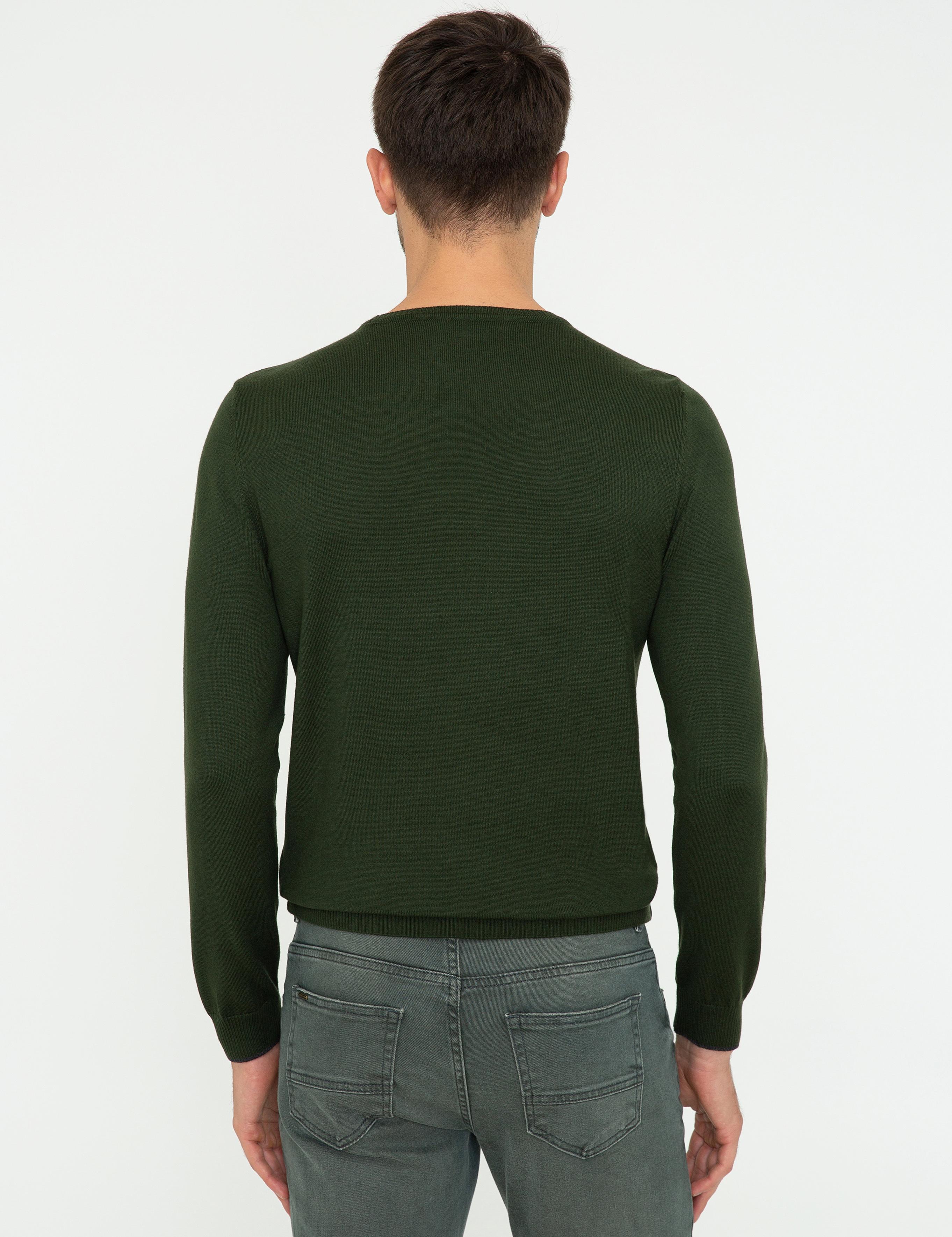 Yeşil Slim Fit Bisiklet Yaka Basic Triko Kazak