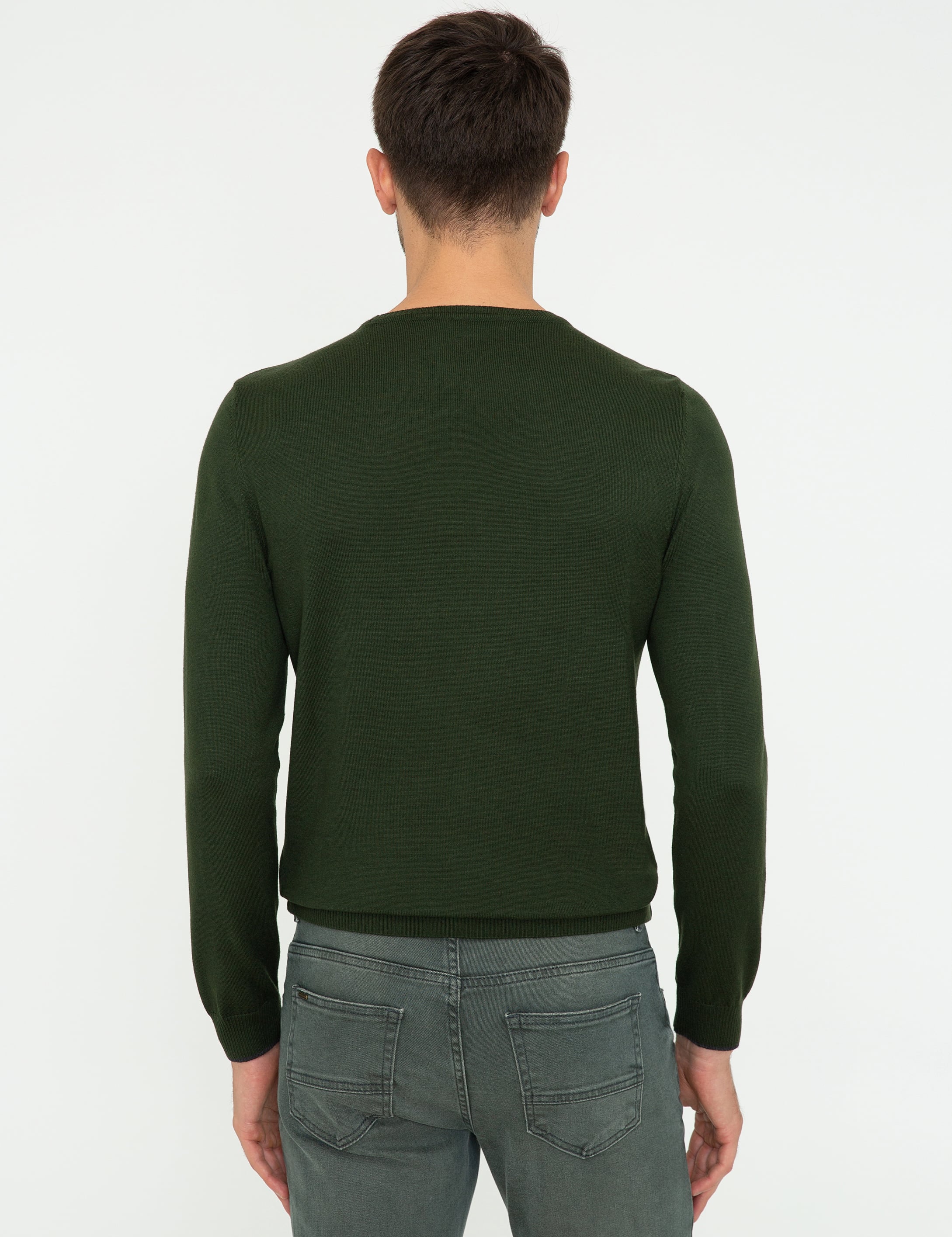 Yeşil Slim Fit Bisiklet Yaka Basic Triko Kazak