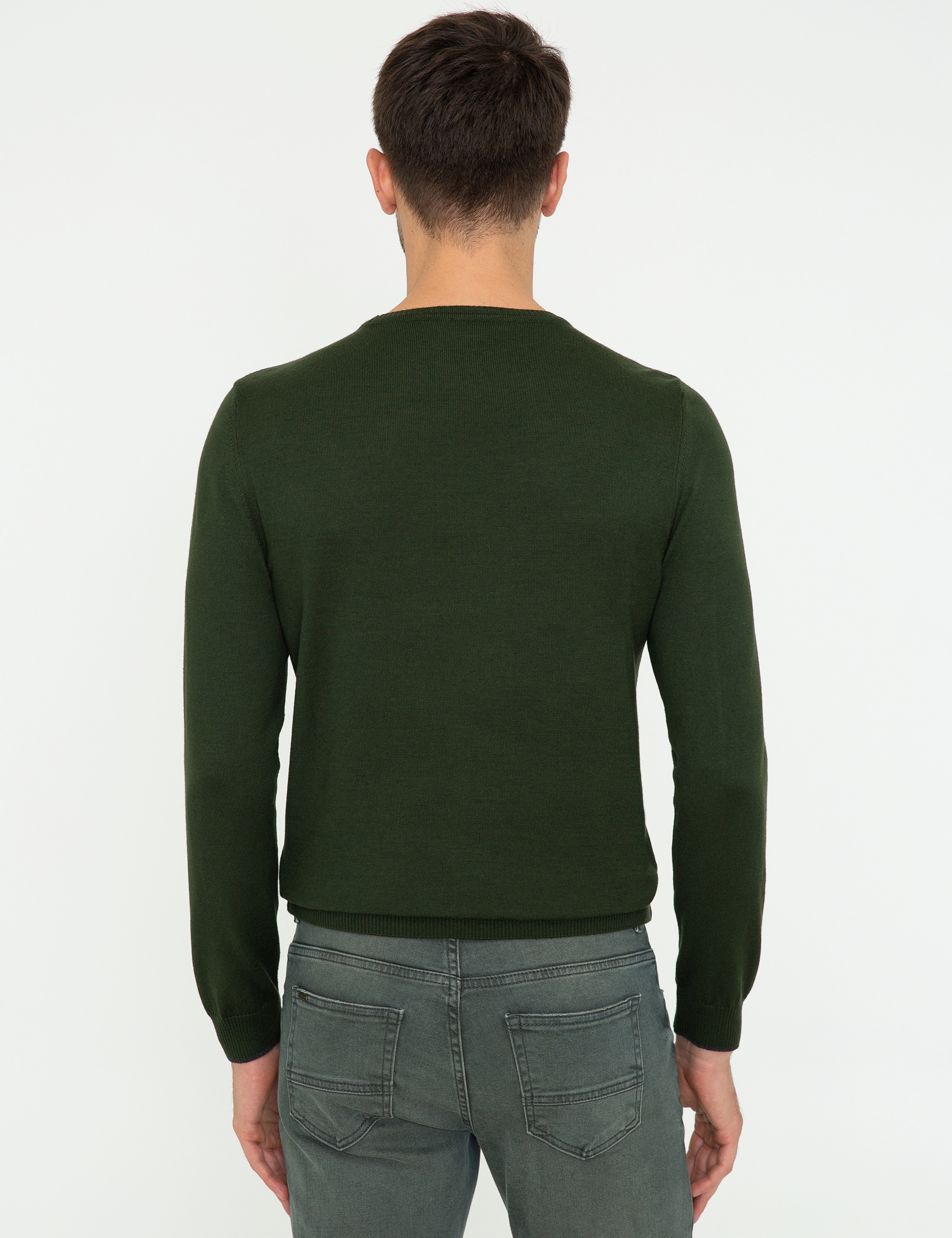 Yeşil Slim Fit Bisiklet Yaka Basic Triko Kazak - Image 4
