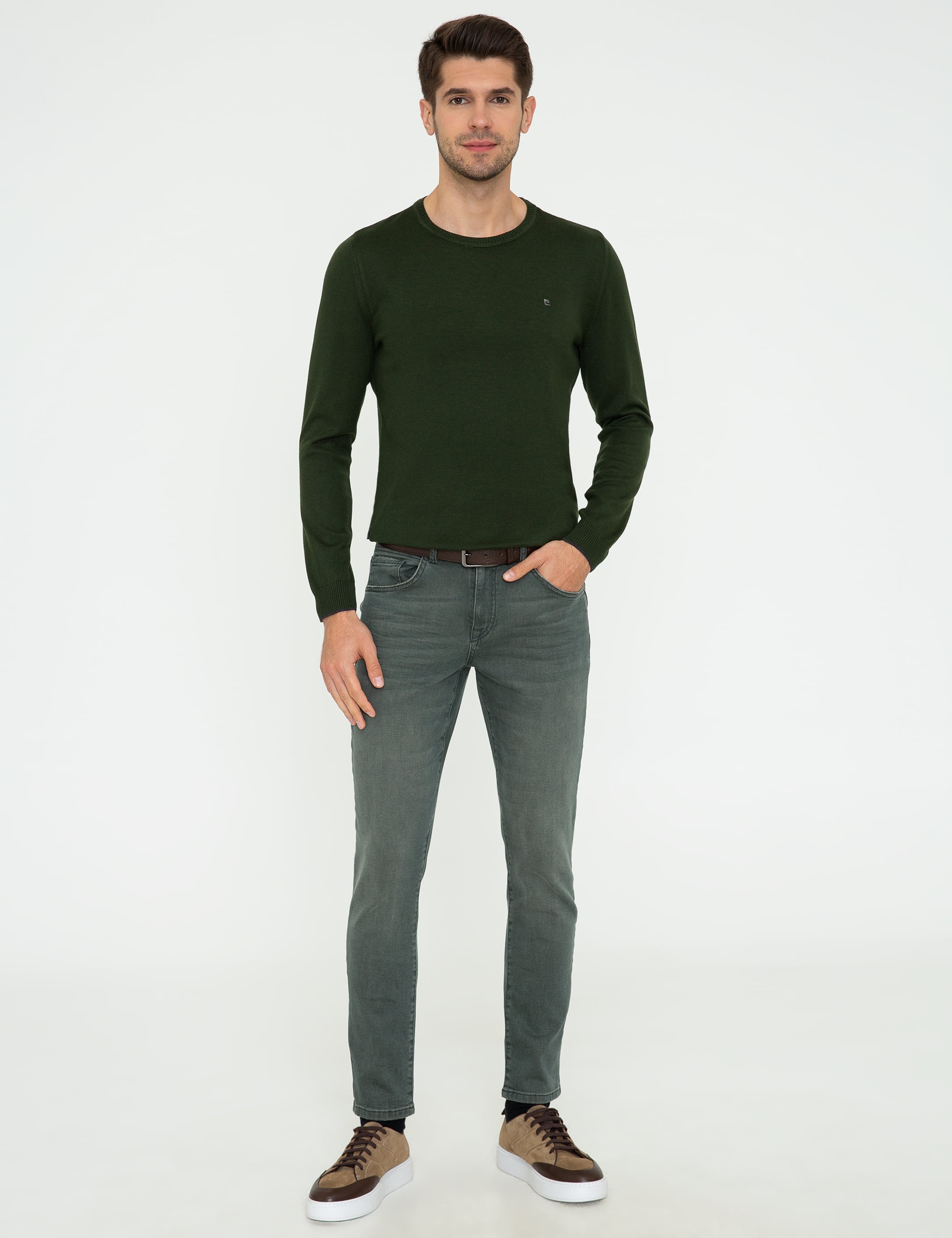 Yeşil Slim Fit Bisiklet Yaka Basic Triko Kazak