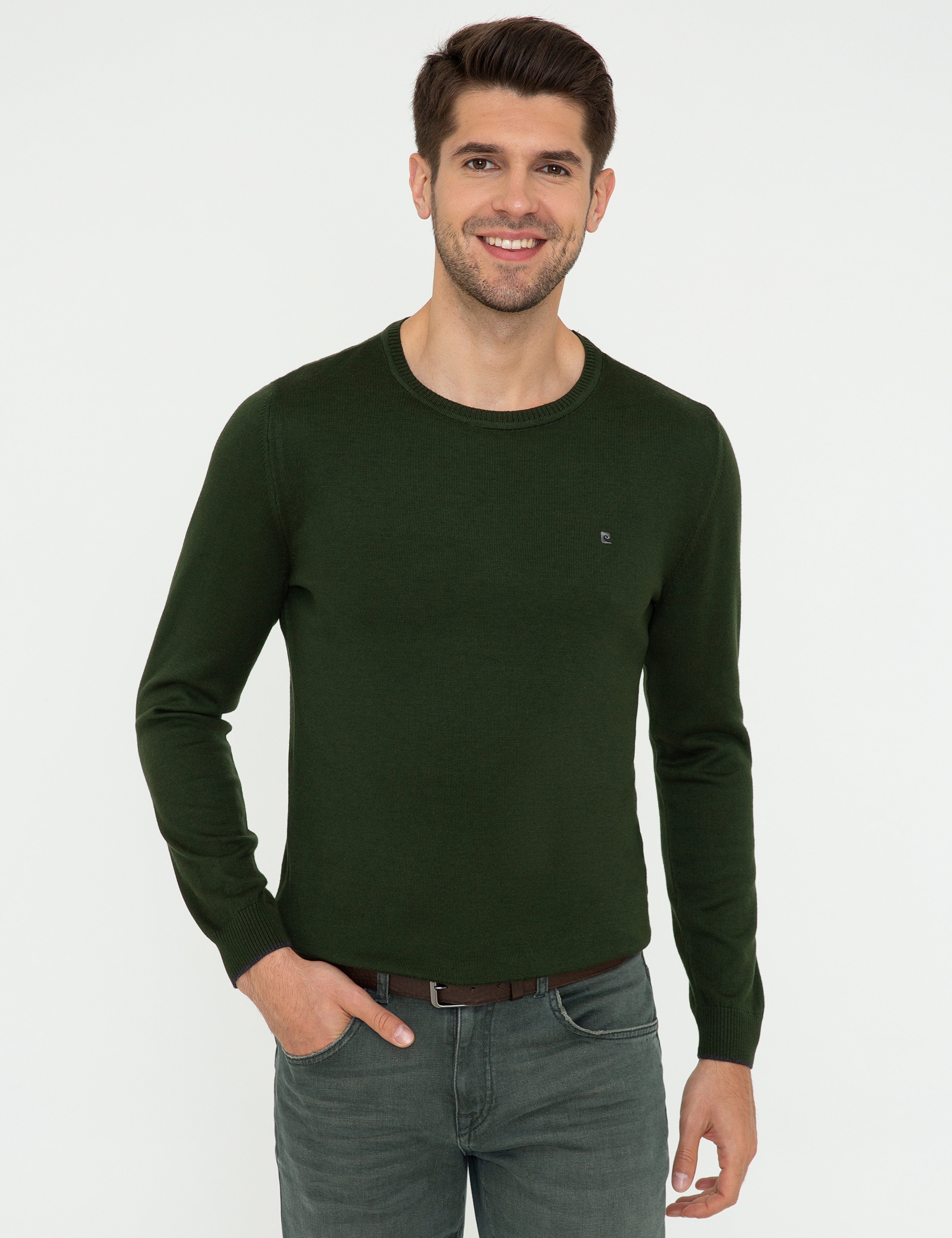 Yeşil Slim Fit Bisiklet Yaka Basic Triko Kazak