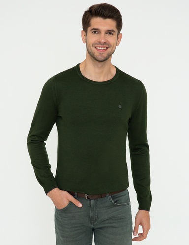 Yeşil Slim Fit Bisiklet Yaka Basic Triko Kazak