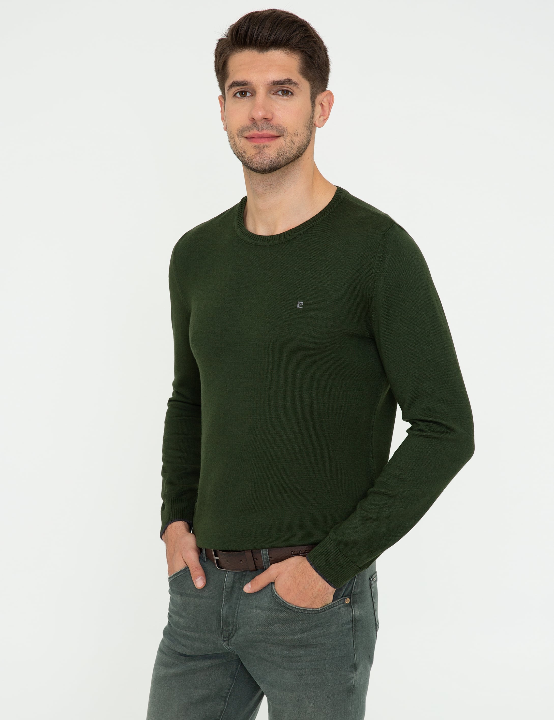 Yeşil Slim Fit Bisiklet Yaka Basic Triko Kazak